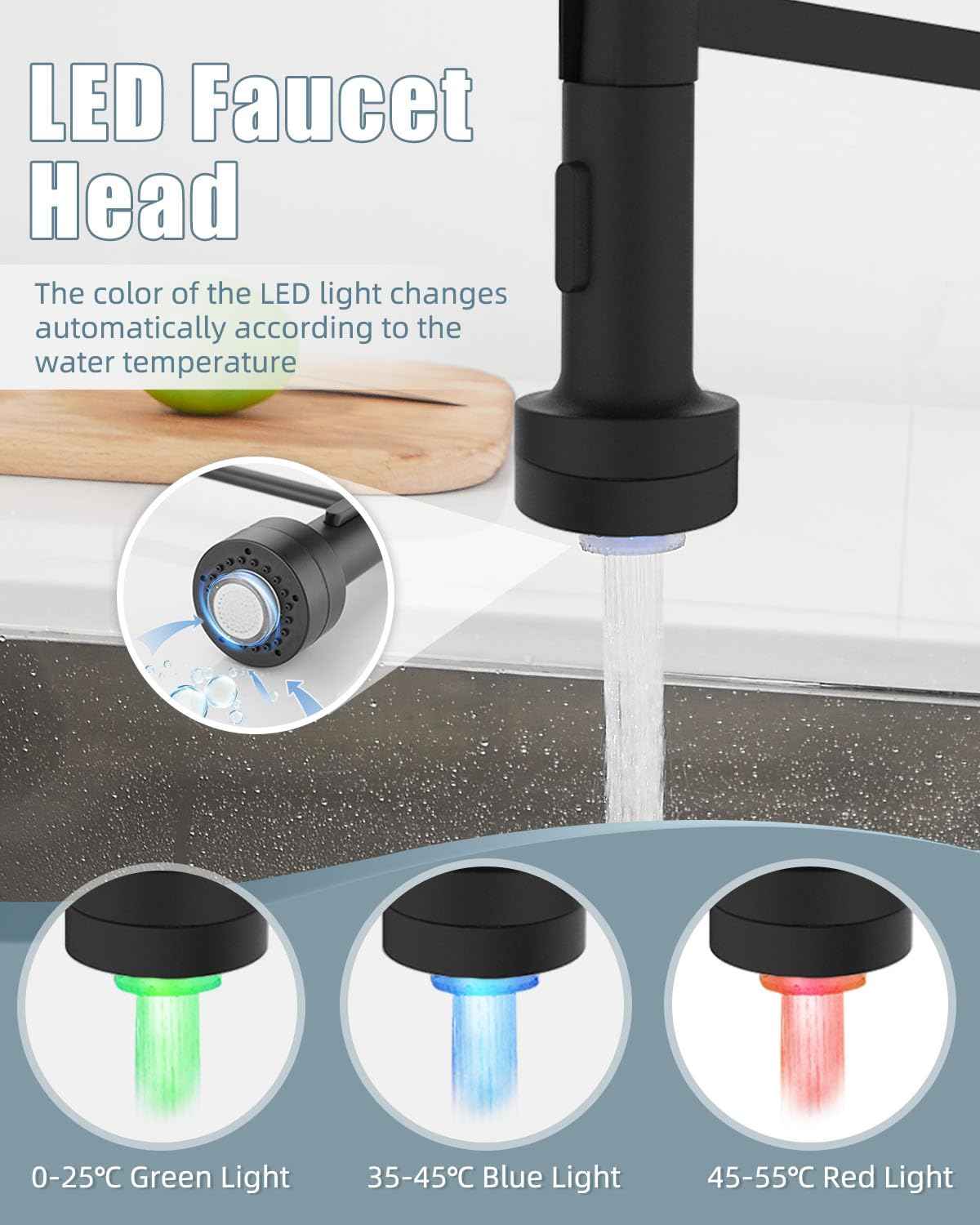 Casavilla Black Kitchen Faucet with Soap Dispenser, Faucet with Light, Faucet for Camper Farmhouse RV Kitchen Sink, Single Handle Stainless Steel Kitchen Sink Faucets with Pull Down Sprayer