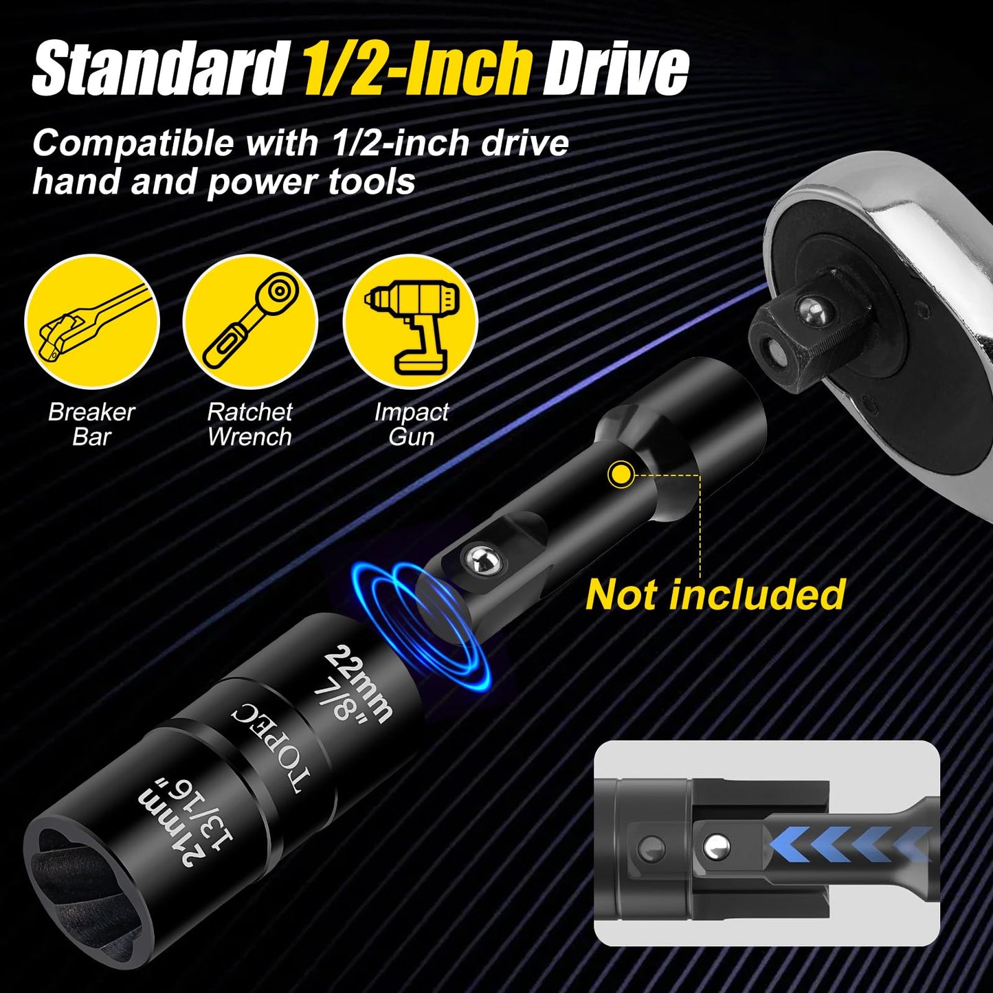 Topec 21mm x 22mm Flip Lug Nut Extractor, 1/2" Drive Lug Nut Removal Tool, 2-IN-1 Wheel Lock Remover Socket