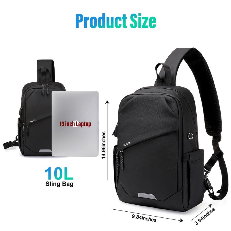 MOSISO Sling Backpack Travel Hiking Daypack,Large Crossbody Sling Bag with USB Charging Port for Men Women 3 Layer Pockets One Shoulder Bag for Outdoor Sports Casual Commuting, Black