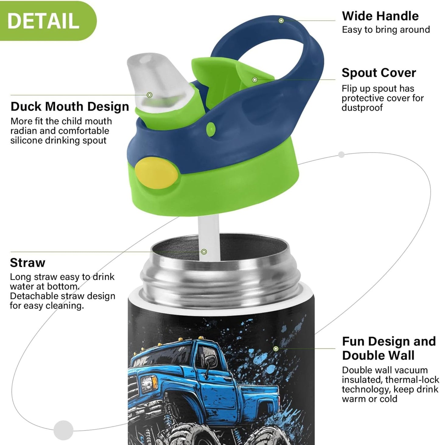 Monster Truck Water Bottle - Vacuum Insulated Stainless Steel with Straw & Handle | 12 oz Green Lid for Kids 4-8 Years Old