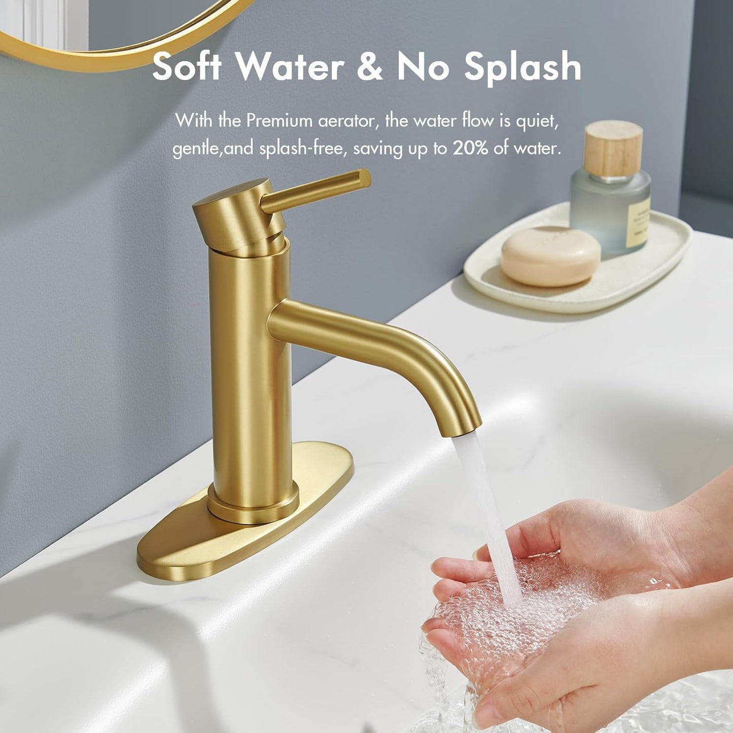 WINKEAR Gold Bathroom Faucet - Modern Single Hole Sink Faucet with Pop-up Drain & Flexible Hoses