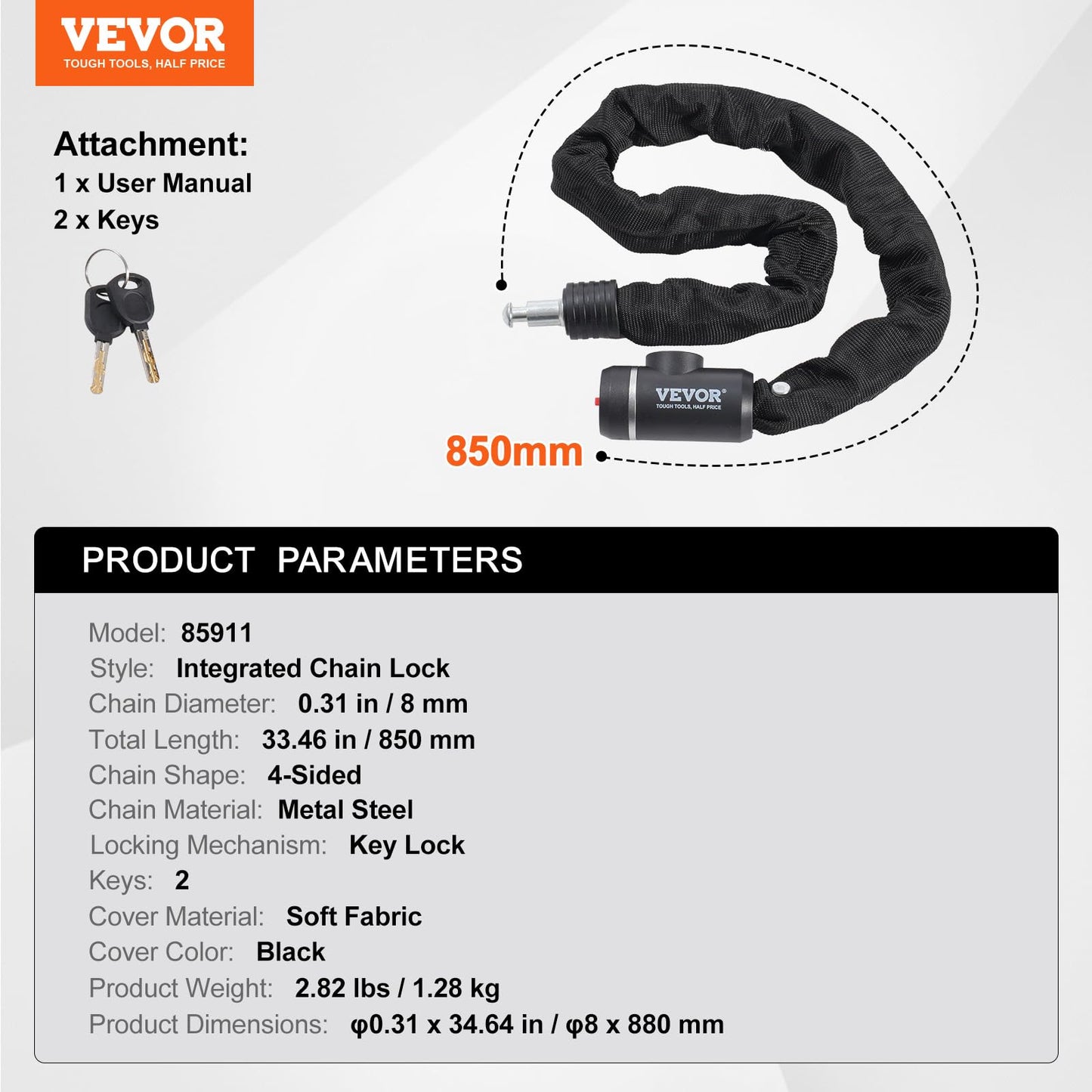 VEVOR 2.79 Ft Heavy Duty Anti-Theft Bike Chain Lock, 8mm, Black, Combination Lock, Cut Resistant, Ideal for Bicycles, Motorcycles, Gates, Fences