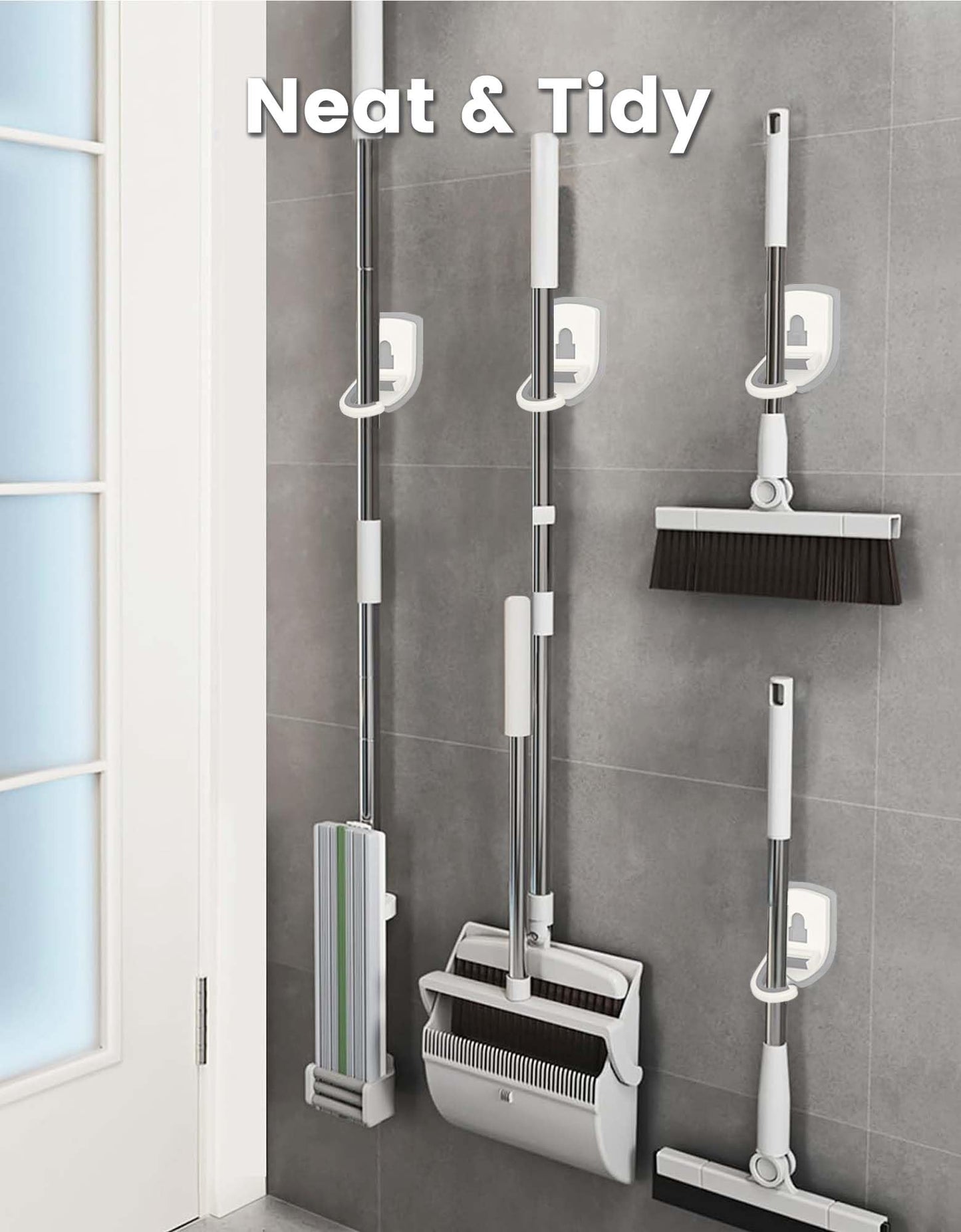 ROCKYGFI Broom Holder Wall Mount Self Adhesive, Broom and Mop Organizer Wall Hanging, No Drilling Anti-Slip Broom Hook Over Door for Home, Kitchen, Garden, Garage Storage 5-Pack