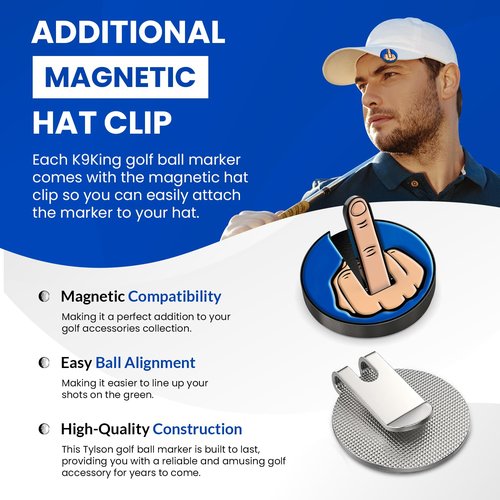 K9King K9king Middle Finger Golf Ball Marker with Magnetic Hat Clip | Alignment Ball Mark | Funny Golf Accessories - Great Gift for Golf Lovers Golf Cap Premium Gifts (Blue)