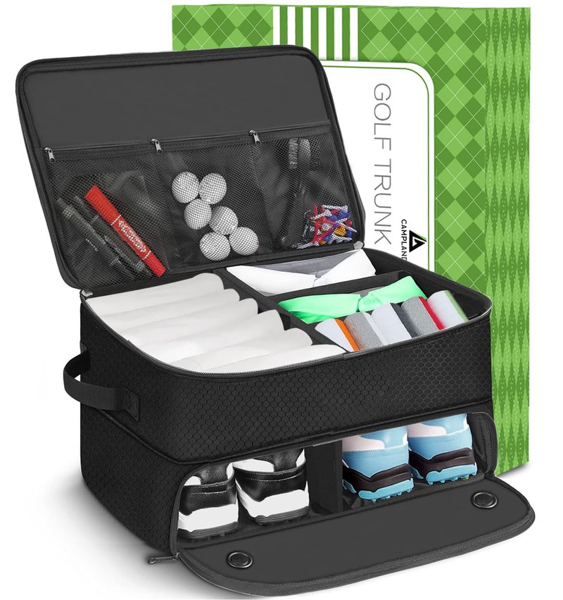 CAMPLAND 2 Layer Trunk Organizer, Waterproof Car Locker for 2 Pair Shoes, Durable Trunk Storage for Balls, Tees, Clothes, Gloves, Accessories, Golf Gifts
