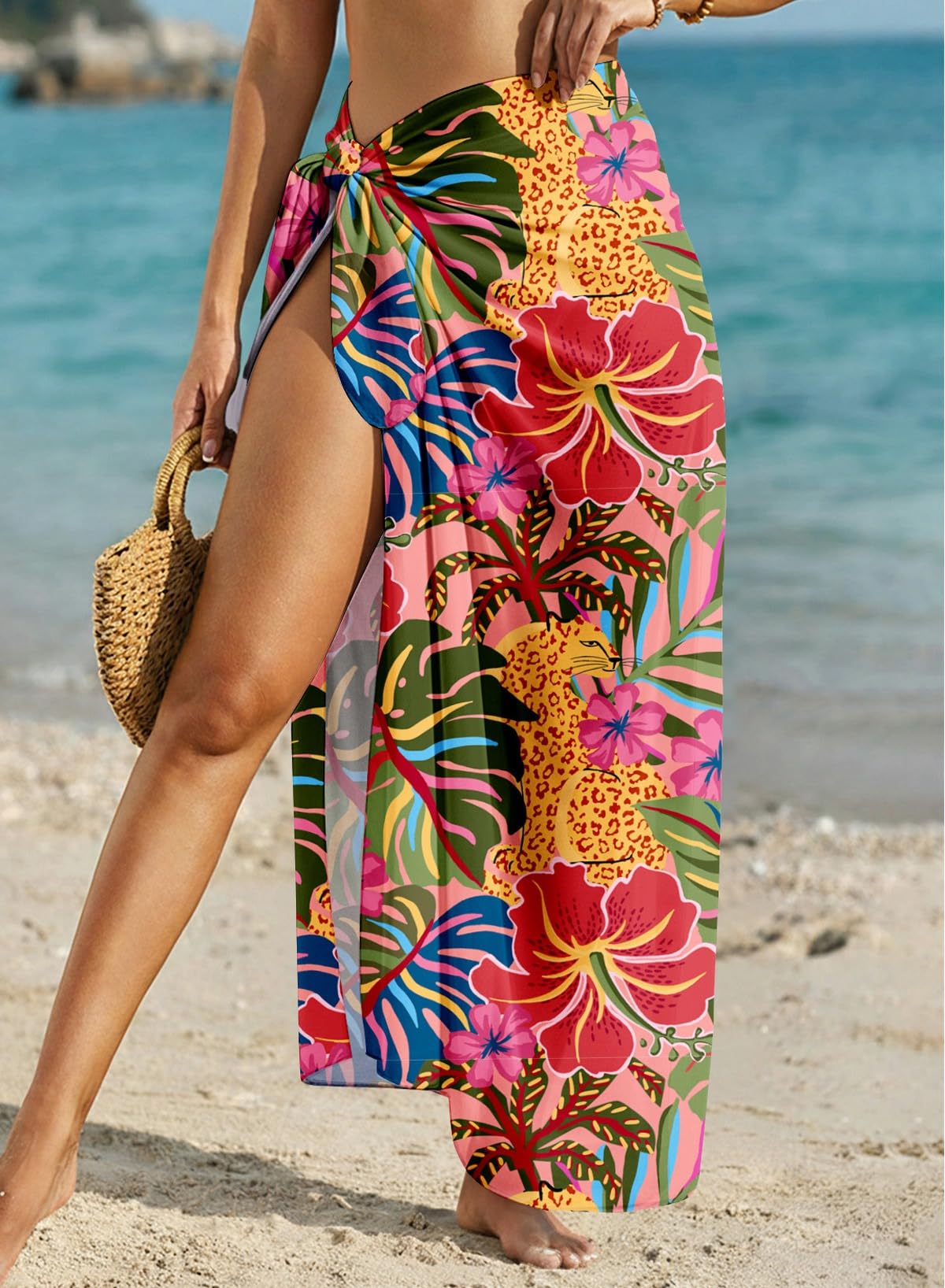 Herseas Women's Bathing Suit Cover Up High Slit Chiffon Wraps One Size Swimsuit Coverups 2026 Summer Tropical Animal Print Sheer Sarong Chic Flattering Resort Outfits Teen Girls