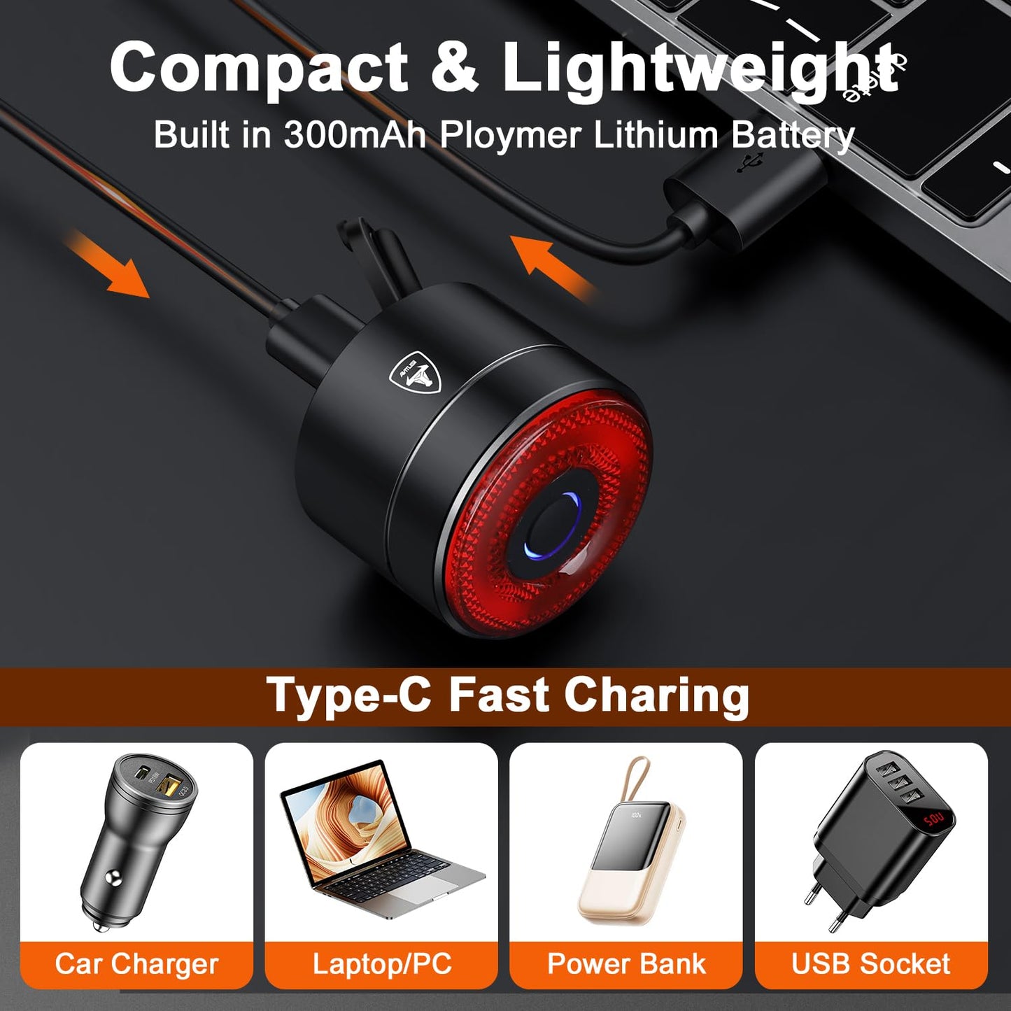 Smart Bike Tail Light, Auto On/Off, Brake Sensing Rear Bike Light, USB C Rechargeable Bicycle Rear Light for Night Riding, 4 Light Modes, IPX6 Waterproof