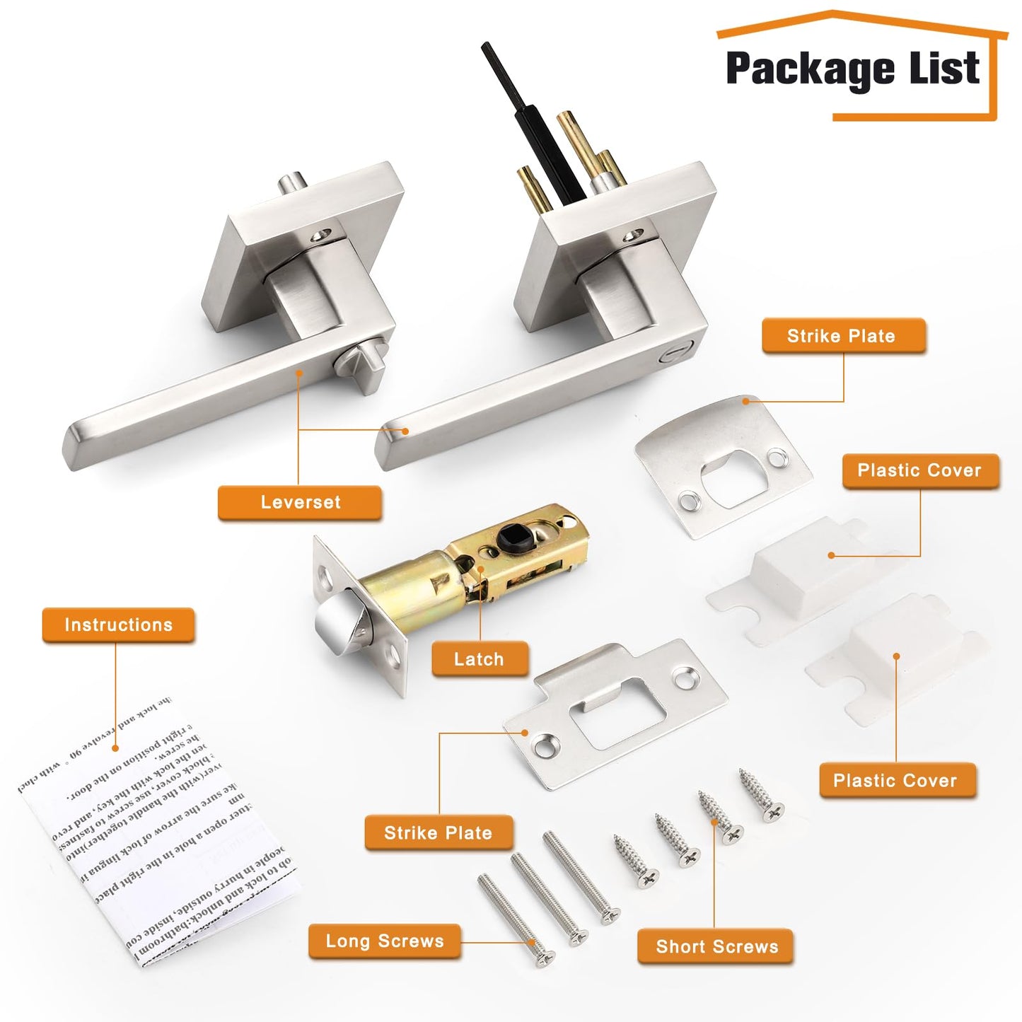 Probrico Interior Brushed Nickel Door Handle, Heavy Duty, Flat Square Privacy Door Handles, Keyless Door Levers Lockset for Bedroom and Bathroom (4 Pack, Modern)