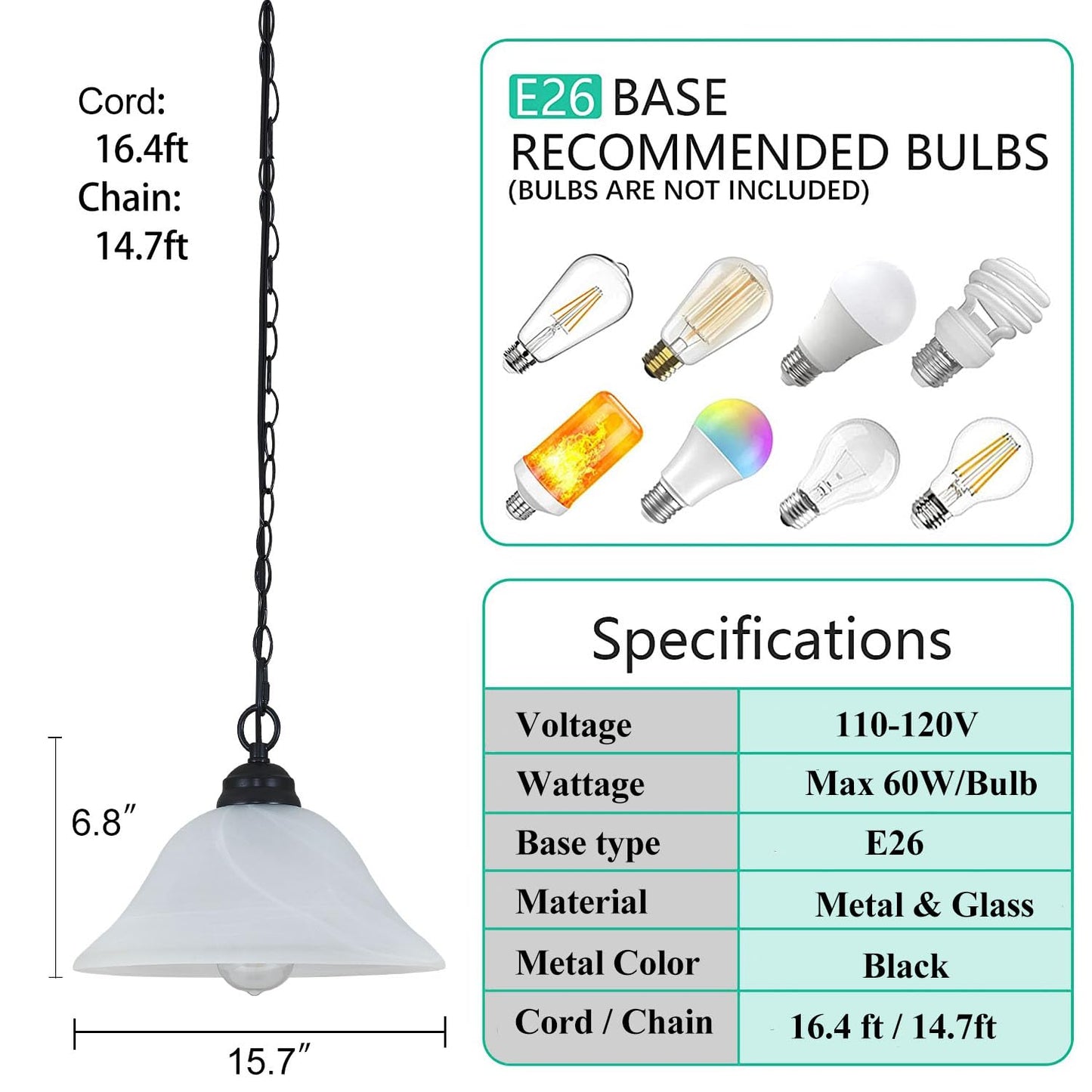 SHENGQINGTOP Plug in Pendant Light Alabaster Glass Shade 15.7" D Hanging Lamp with On/Off Switch,16.4Ft Cord & 14.7Ft Chain Dimmable Black Swag Light Fixture for Kitchen Sink Bar Nook