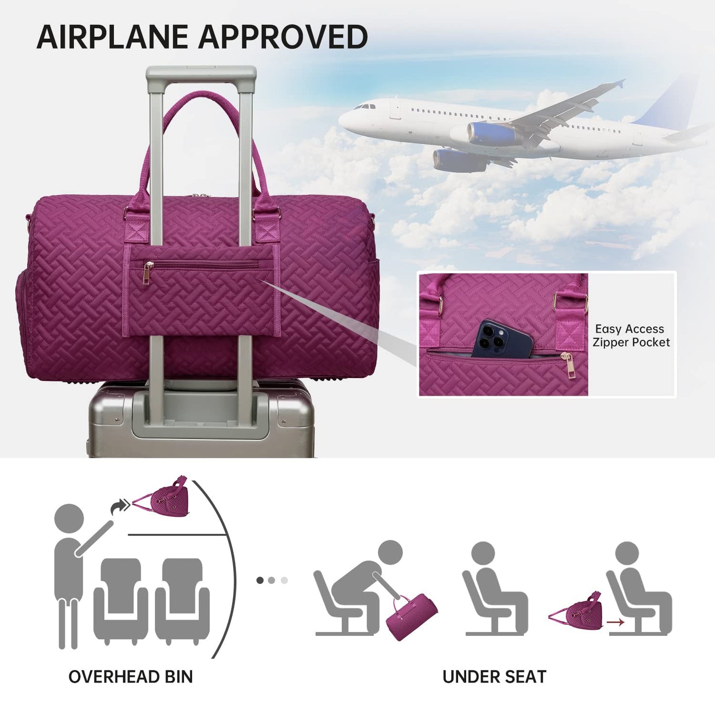 Duffle Bag for Travel, Weekender Bag with Shoe Compartment, Carry On Overnight Bag for Women with Toiletry Bag, Gym Bag with Wet Pocket, Hospital Bags for Labor and Delivery Purplish Red