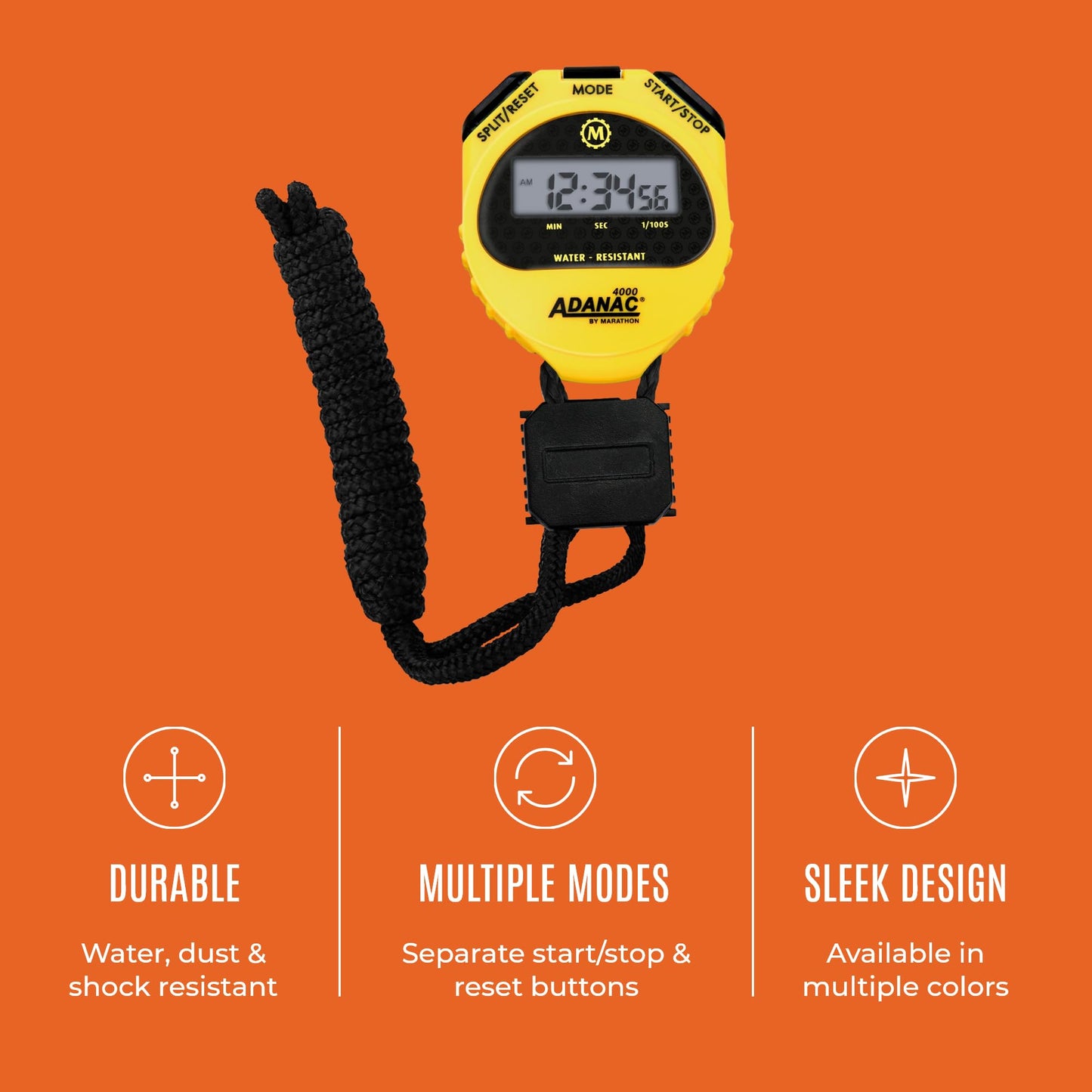 Marathon Adanac 4000 Digital Stopwatch Timer, Yellow - High Precision Accuracy to 1/100th Seconds - Water, Dust & Shock Resistant - 46” Lanyard Included