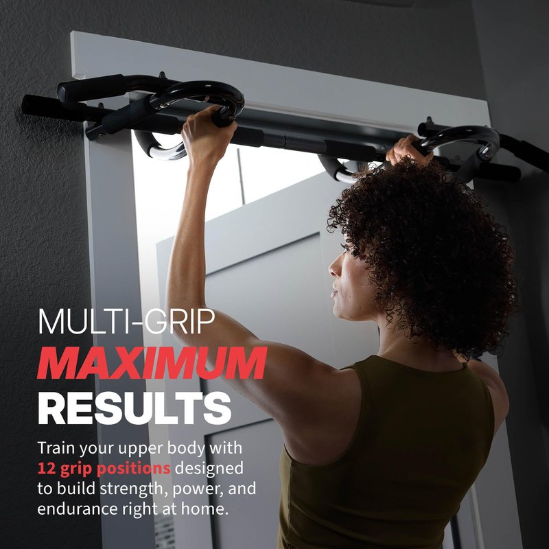 SPRI Pull Up Bar - 12-Grip Door Mounting Pull-Up Bar for Versatile Workouts - Rugged Steel with Foam Handles - Supports 300 Pounds - Fits Door Frames Up to 32 in. Wide - Black