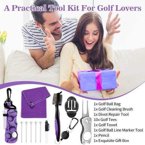 LACGO 17Pcs Golf Accessories Kit Include Golf Ball Bag Golf Tees Golf Towel Golf Club Cleaner Brush Groove Cleaner Tool Divot Tool Magnetic Ball Marker, Best Golf Gift for Women Man(Purple)