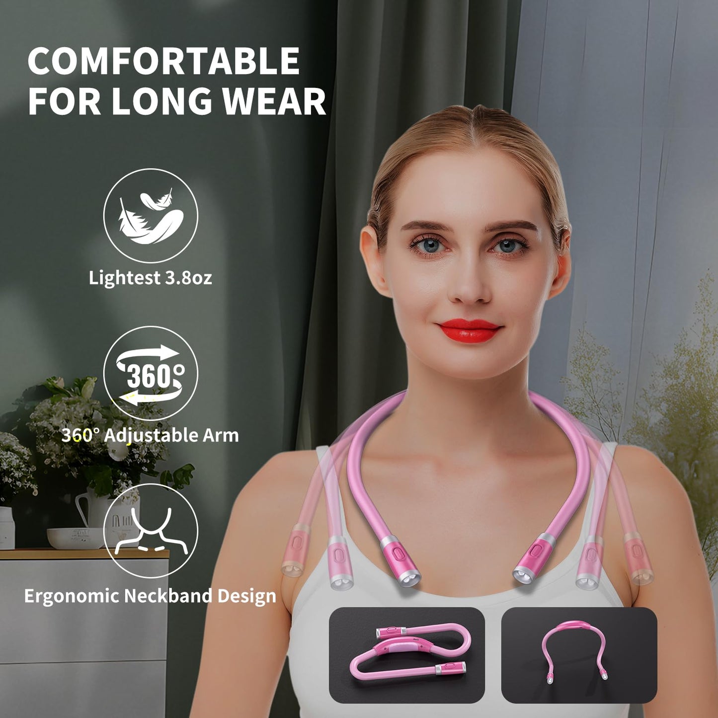 LUXJET Neck Reading Light & Book Light for Reading in Bed - Hands Free, 6 Brightness Levels, 360° Flexible Arms, 80-Hour Rechargeable - Reading, Knitting, Camping, Repairing (Pink-New)