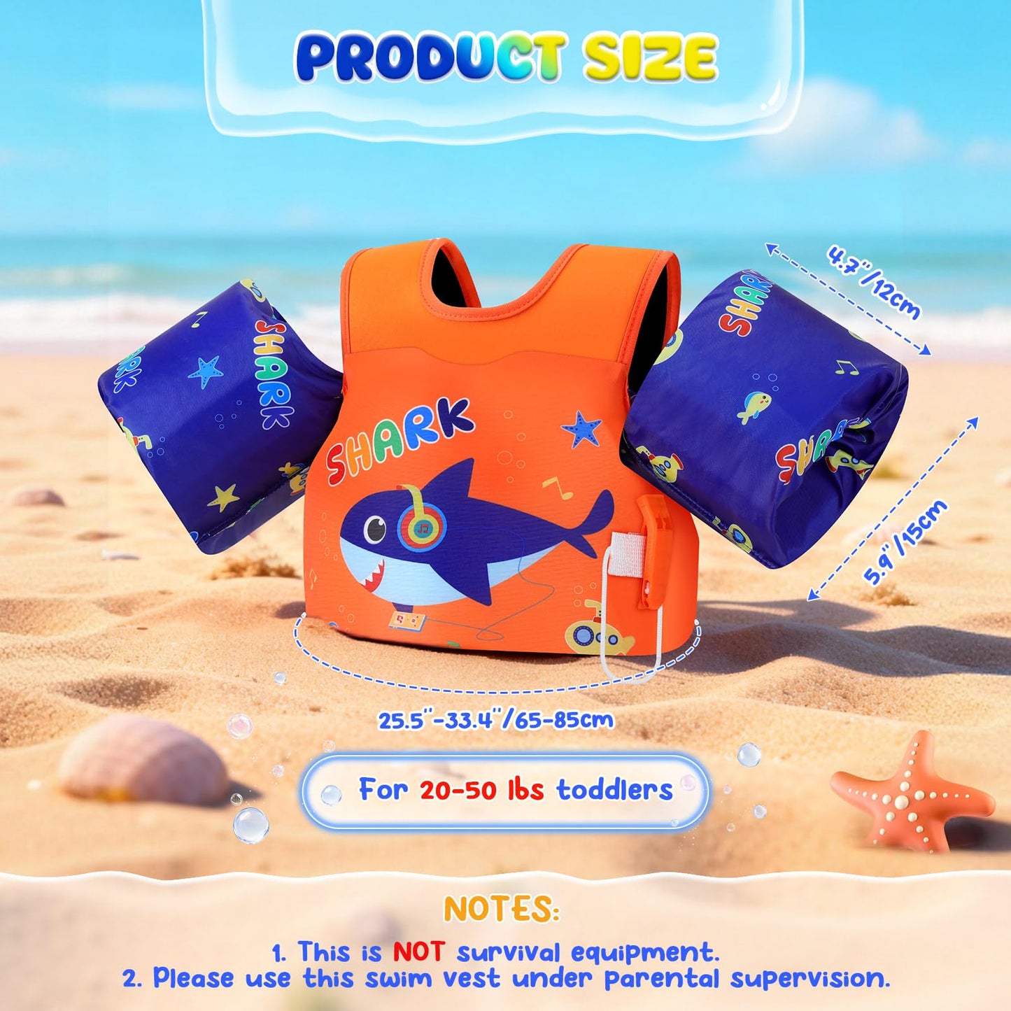 MoKo Toddler Swim Vest for Kids, Arm Floaties for Toddler 20-30-50 lbs, Water Wings with Emergency Whistle, Cute Arm Band Pool Floaties Swim Training Equipment for Pool, Orange Blue Headset Shark