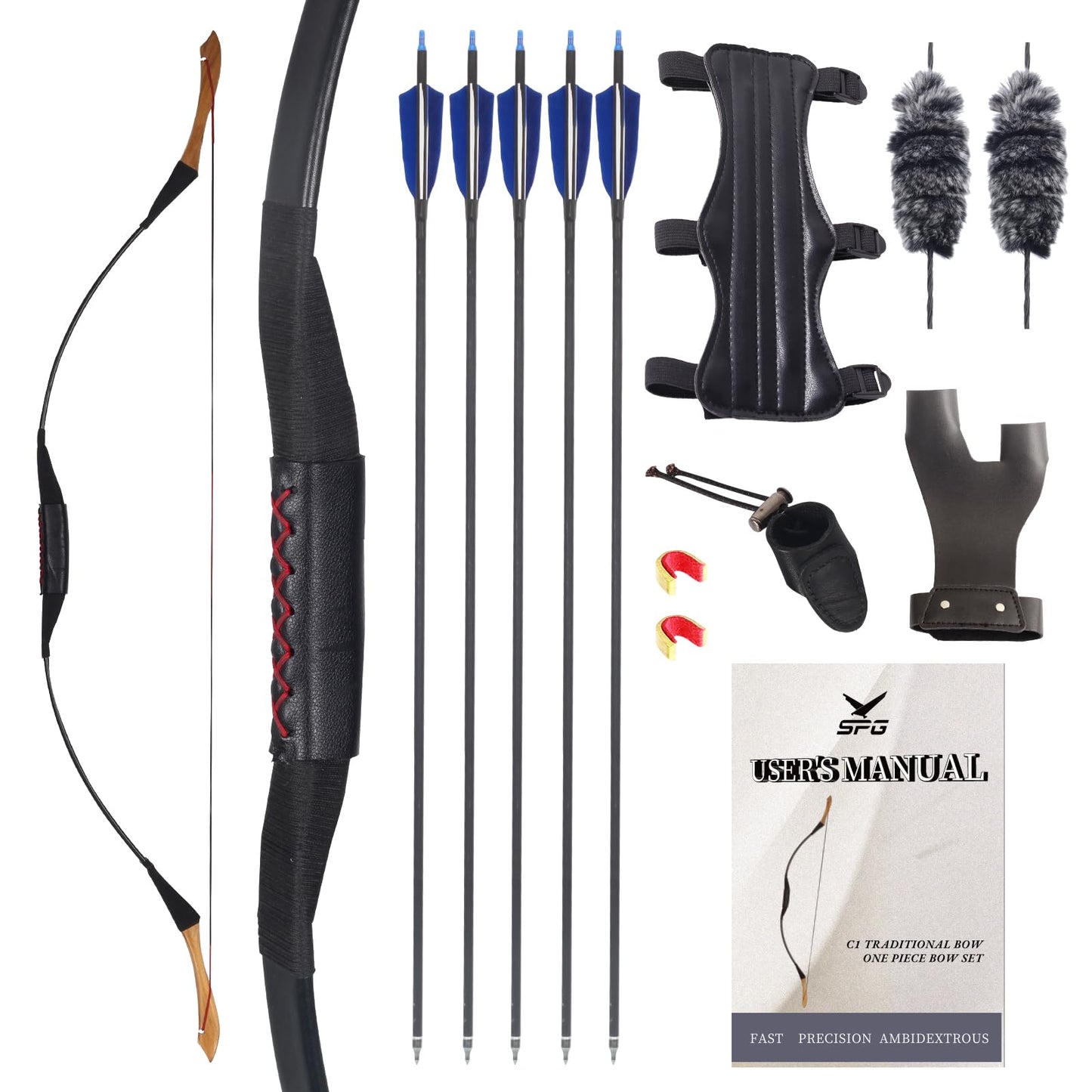 SPG 50lbs One Piece Traditional Bow - 50" Handmade Wooden Bow Fast Precision Shooting Traditional Recurve Bow and Arrow Set for Adult & Archers Right Left Hand Archery Horse Long Bow