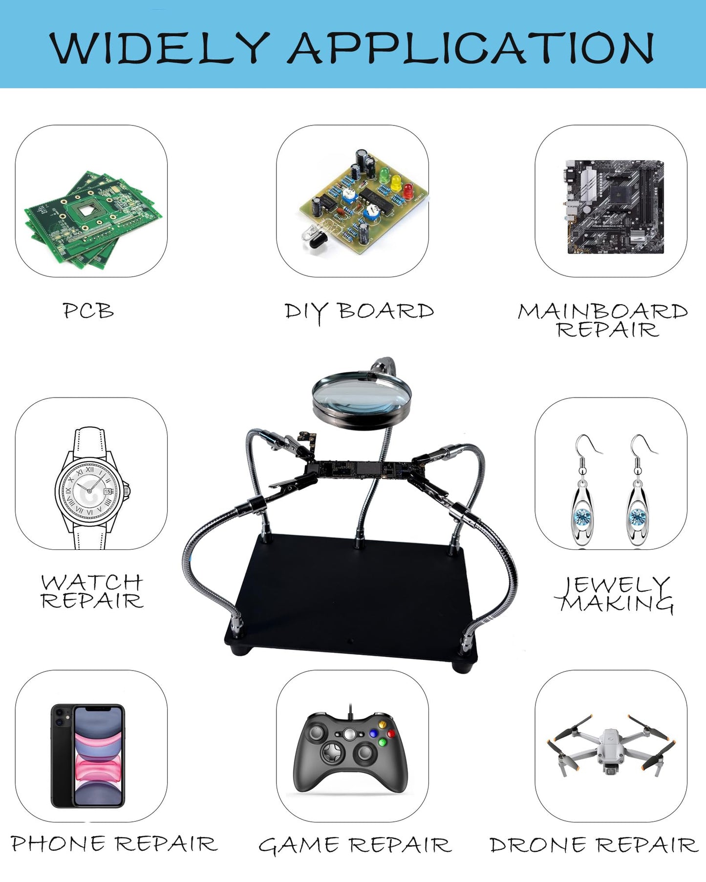 Kaisiking Helping Hands Soldering Station with Magnifying Glass, PCB Holder 4 Flexible Arms Magnifier and Third Hand Soldering Tool for Electronic Repair Soldering Jewelry Crafts