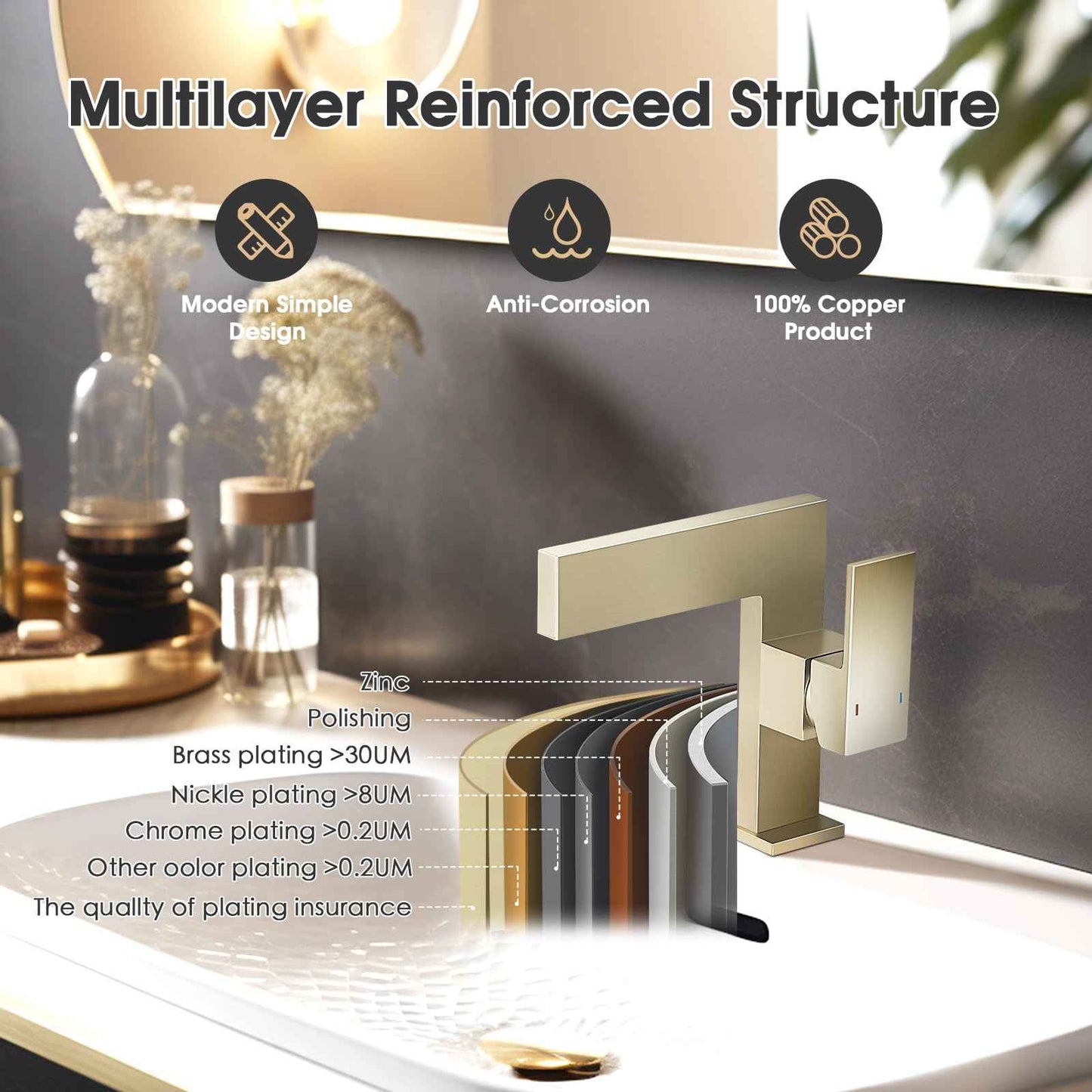 Brushed Gold Bathroom Sink Faucet Ultra Thin Design, Single Handle Vanity Faucet for Bathroom Sink,1 Hole Lavatory Basin Faucets Solid Brass(Brushed Gold)