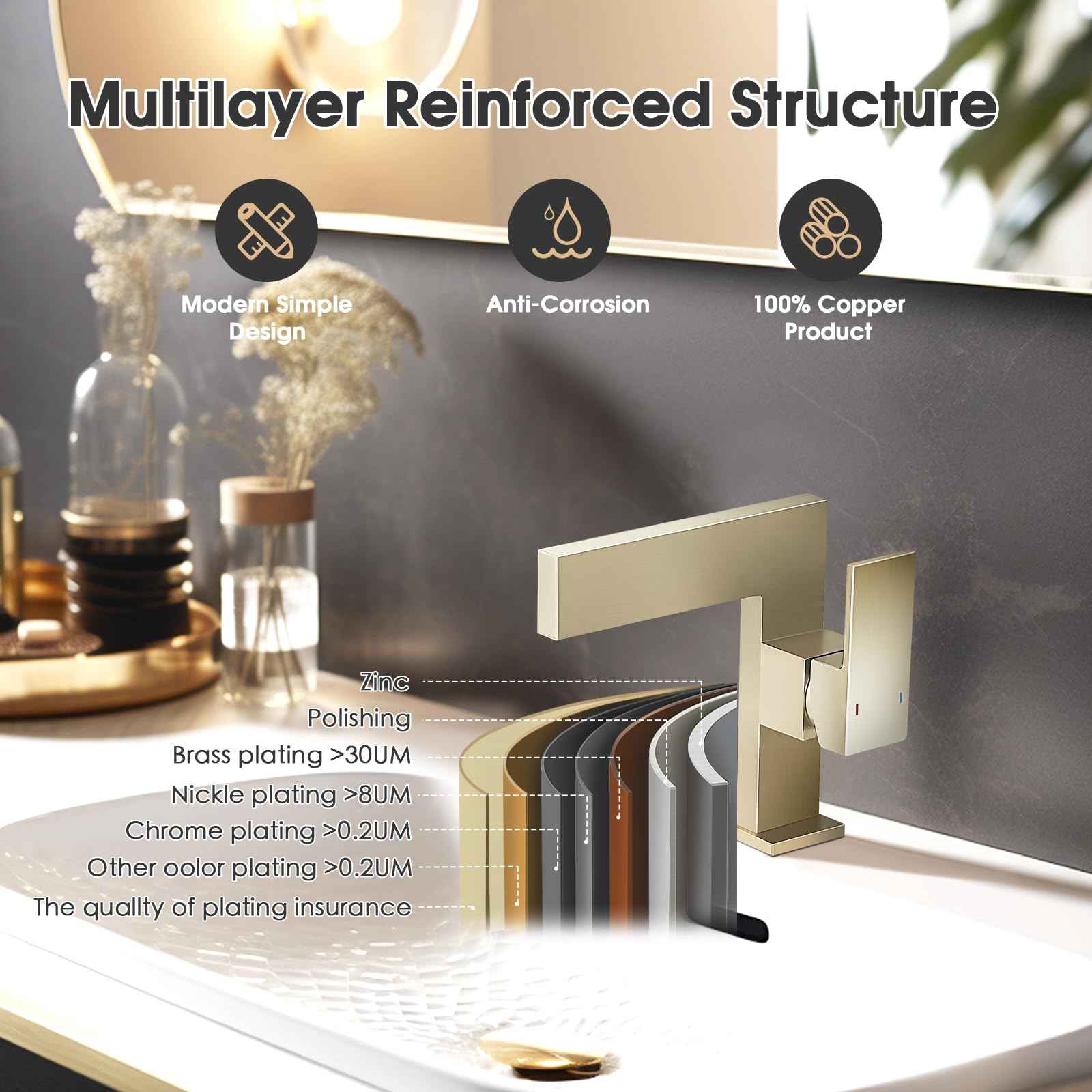 Brushed Gold Bathroom Sink Faucet Ultra Thin Design, Single Handle Vanity Faucet for Bathroom Sink,1 Hole Lavatory Basin Faucets Solid Brass(Brushed Gold)