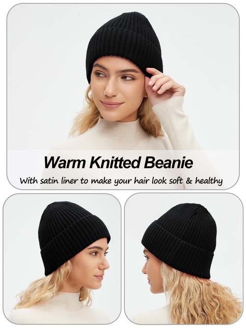 Satin Lined Beanie for Women Men, Silk Lined Beanies, Wool Warm Knit Cuffed Winter Hat Womens Skull Cap