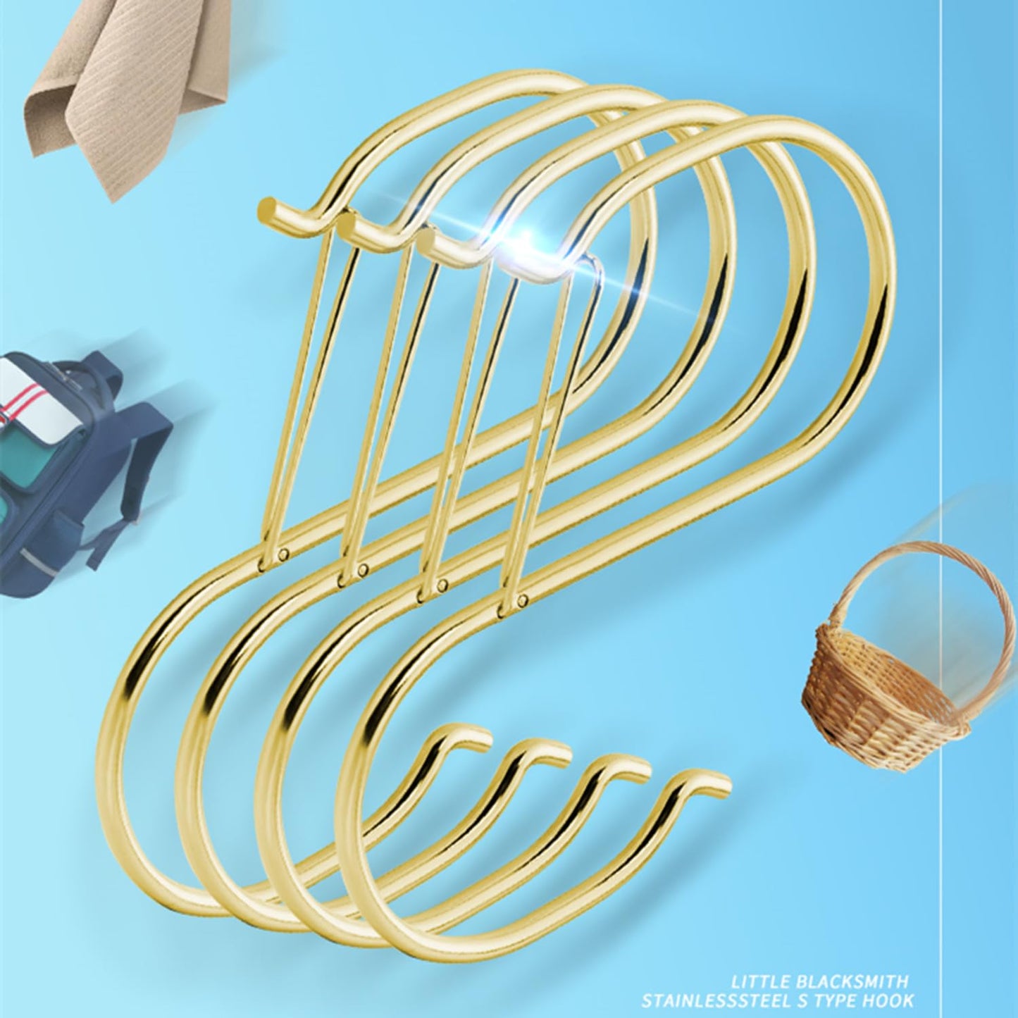 Heavy Duty Large S Hooks, 4.96 inch Large S Hooks, Set for Hanging Plants, Kitchen Cabinet Handles,s Hooks Buckle Side is Suitable for mostrods,Less Than 1.2inch in diamete mostrods (Gold-4pcs)