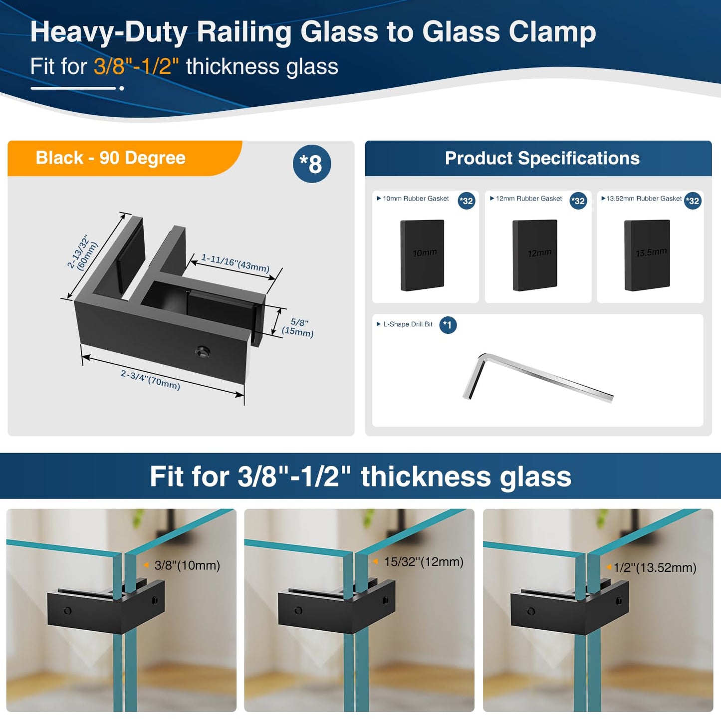 Gyykzz 8 Pack Black 90 Degree Railing Glass to Glass Clamp No Drilled Required, T304 Railing Clip Fit for 3/8"-1/2"(10mm-13mm) Thinkness Balustrade, Double Sided Bracket Holder for Fence, Balcony Deck