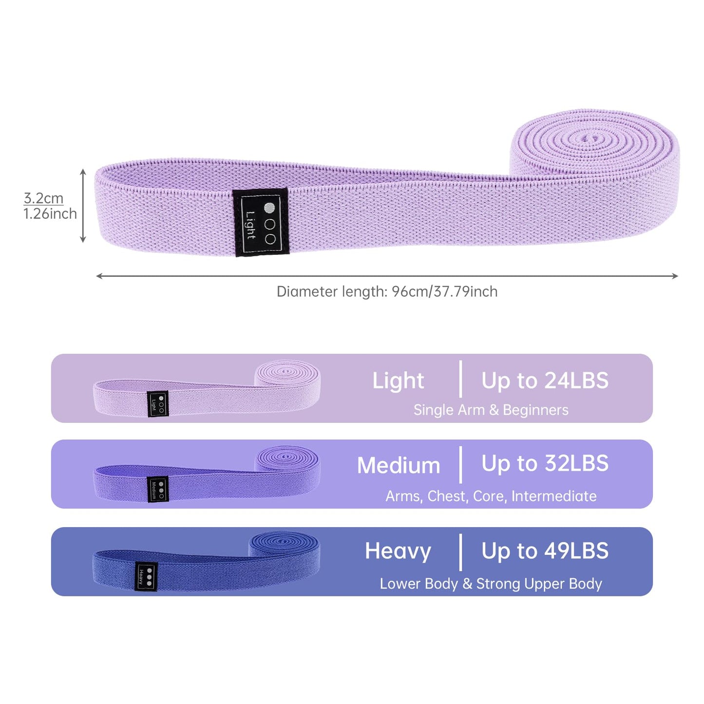 Tobefore Fabric Resistance Bands - 3-Pack Set, Long Cloth Exercise Bands for Home Workout Strength Training, Yoga & Pilates | with Storage Bag（Light Pink, Light Purple, Dark Purple）