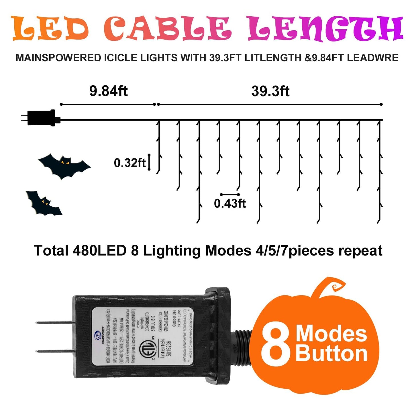 Heceltt Halloween Lights Outdoor, Orange and Purple 39FT 480LED Halloween String Lights with 90 Drops, 8 Modes Timer Memory Function, Night Light for House Roof Party Decor