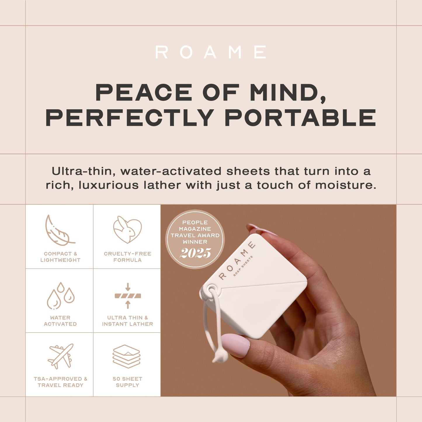 ROAME Portable Soap Sheets – Ultra-Thin Soap for Hand Moisture & Hygiene – Water-Activated, Compact, Cruelty-Free, Eco-Friendly – Perfect for Travel Kits & On-the-Go Use – 50-Pack