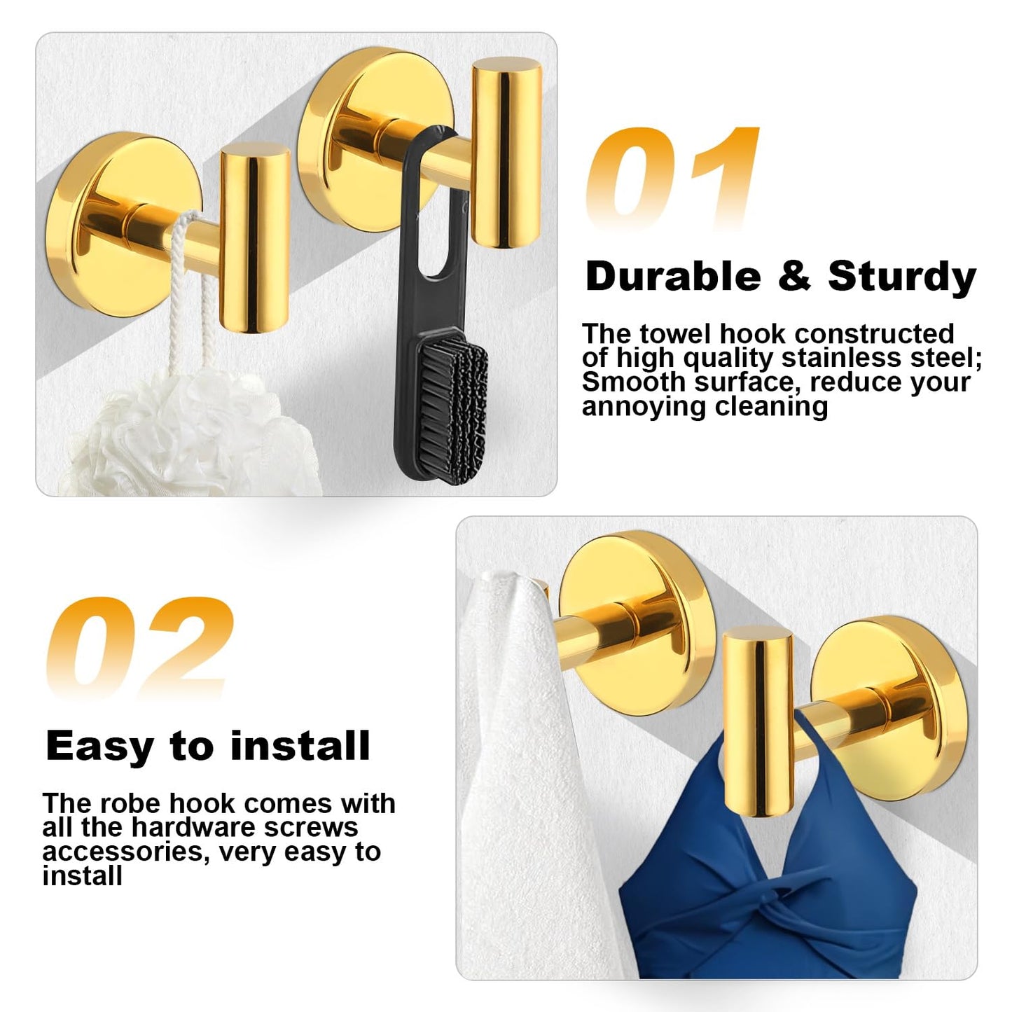 Bathroom Robe Towel Hooks Wall Hook Holder Heavy Duty Door Hanger Towel Robe Clothes Cabinet Closet Sponges Hook for Bathroom Bedroom Kitchen Hotel Pool 4 Packs(Bright Gold)