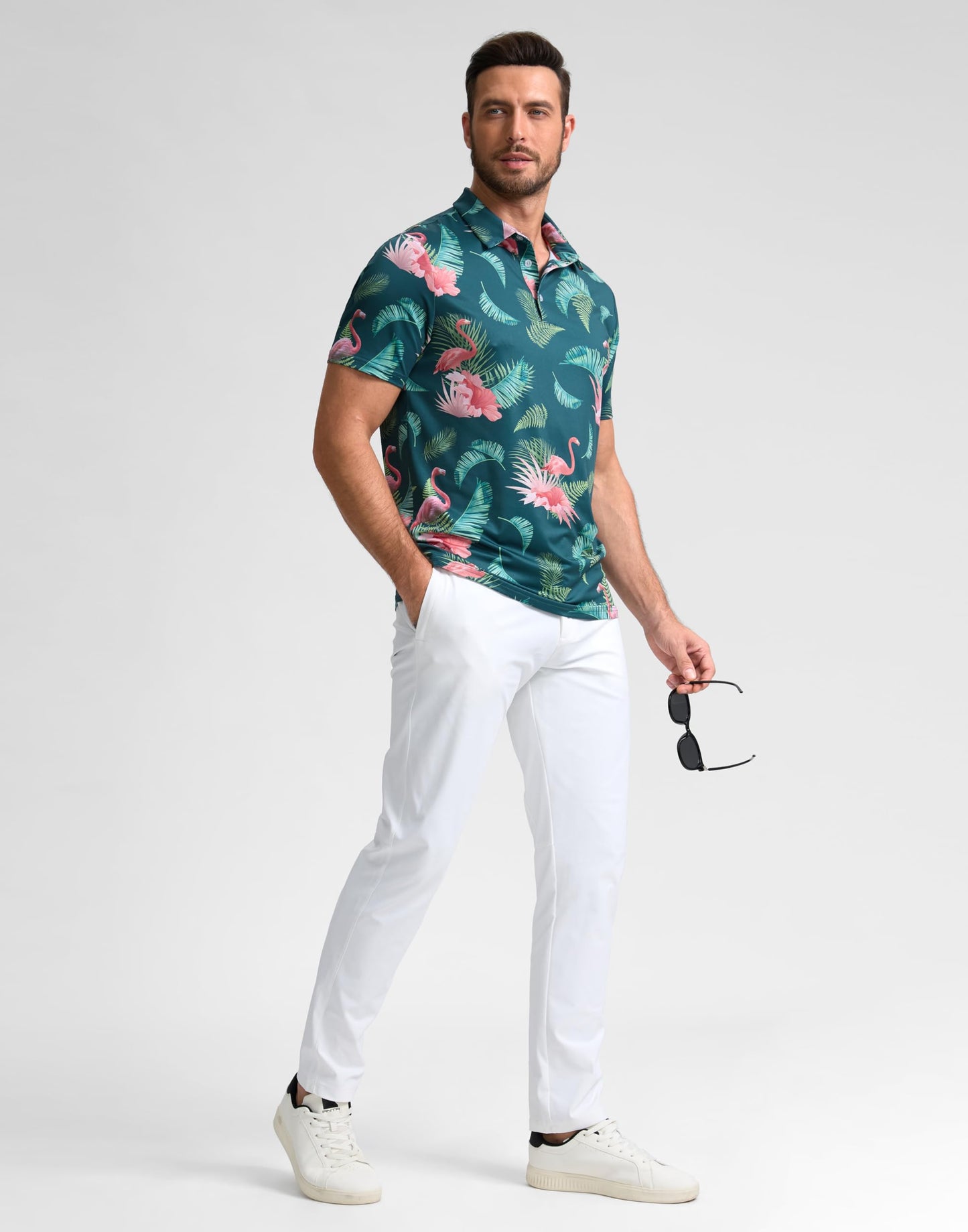 Obla Men's Print Golf Polo Shirts (Green Flamingo_L)