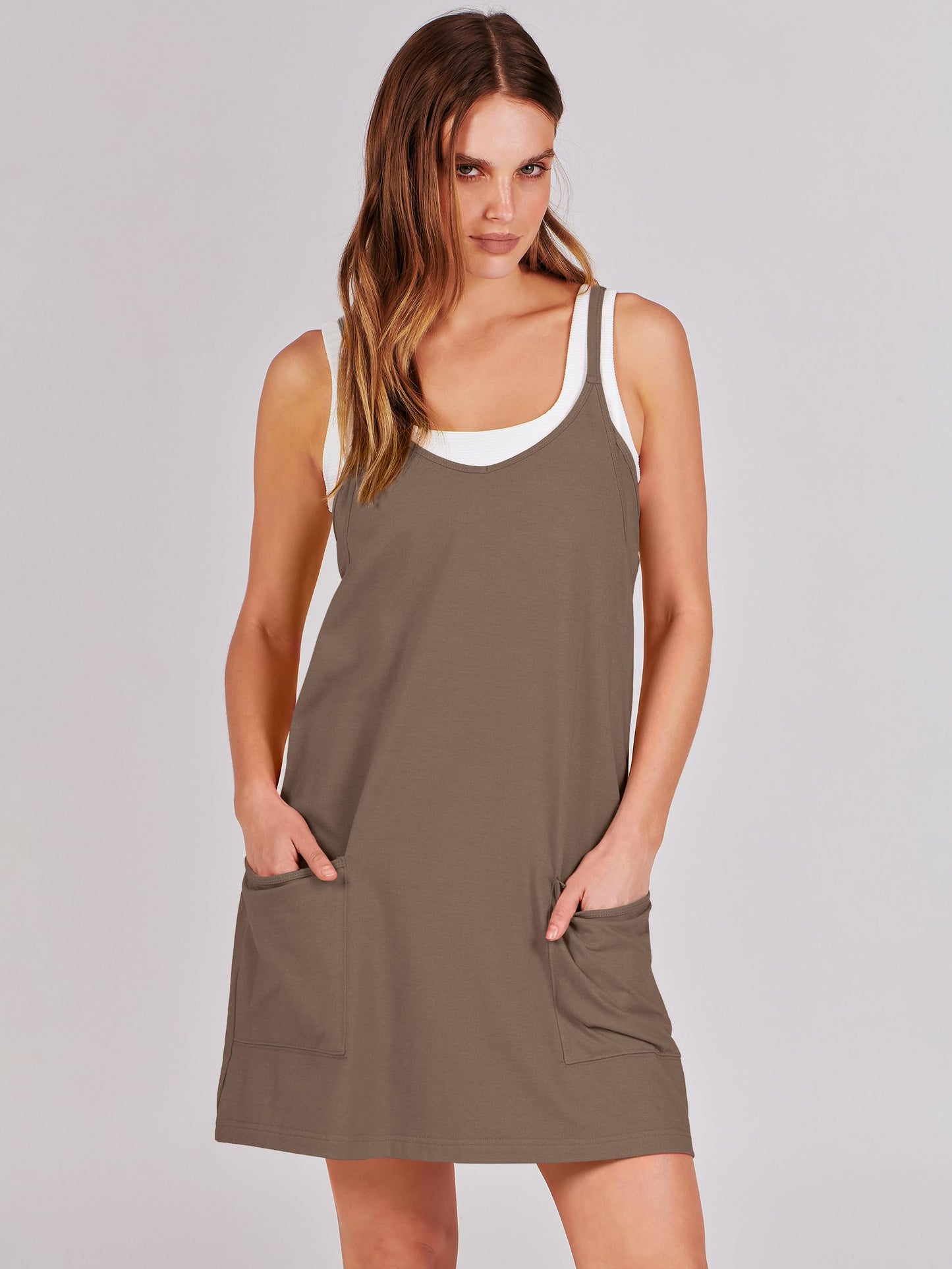 ANRABESS Women Athletic Dress Summer Tennis Workout Active Sports Mini Romper Dress Built in Shorts Travel Vacation Clothes Coffee Large
