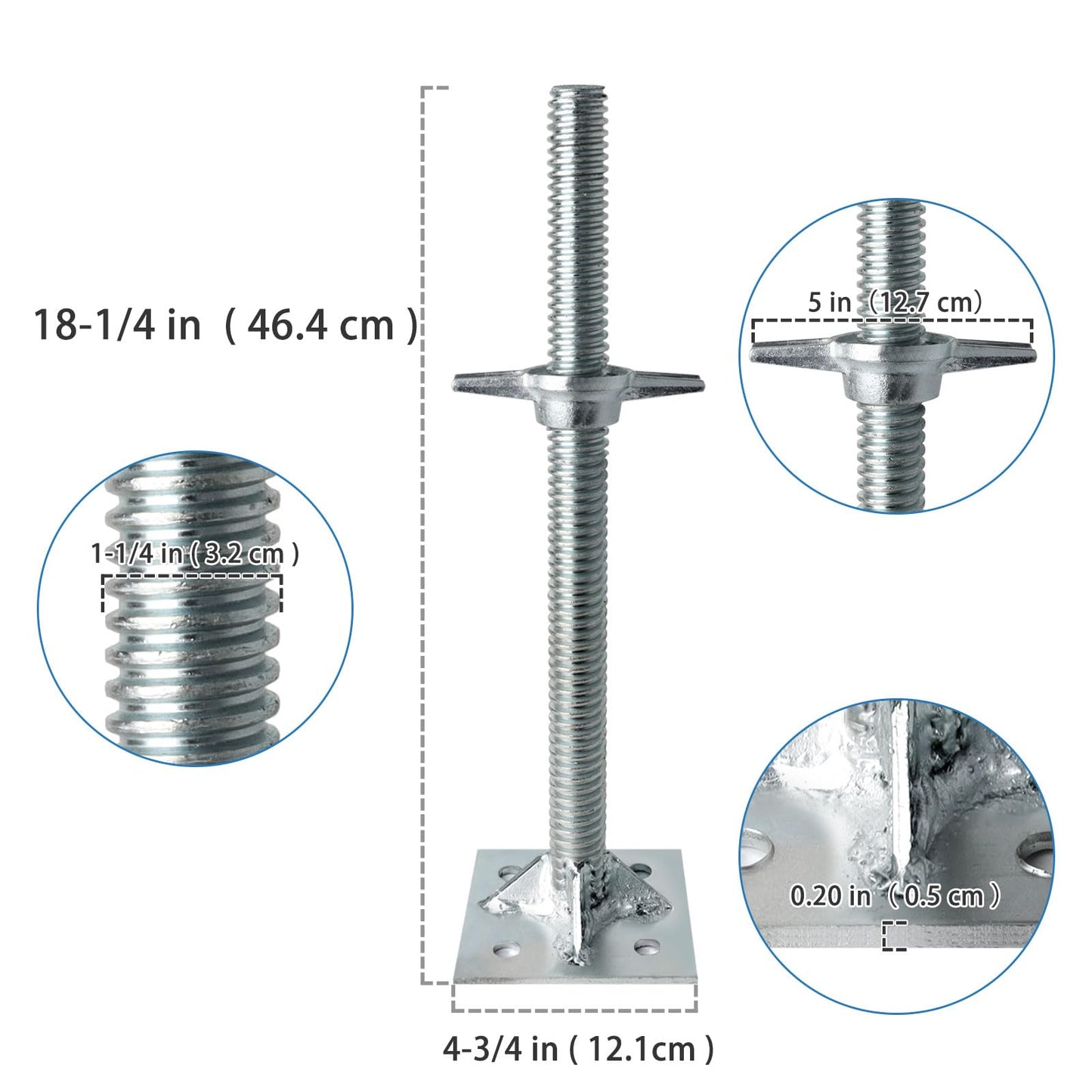 Reinforced Adjustable Leveling Jacks, 18.25" Solid Scaffolding Parts with Base Plate, 4 Pack Galvanized Silver Screw Jacks for Baker Style Scaffolding