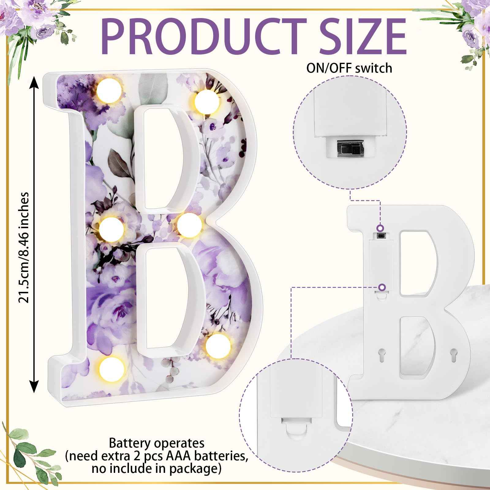 Realspring Woodland Greenery Centerpieces Baby Marquee Light up Sign Letters 8.26'' Baby Shower Letter Battery Operated Gender Reveal Birthday Party Decor for Home Table (Purple)