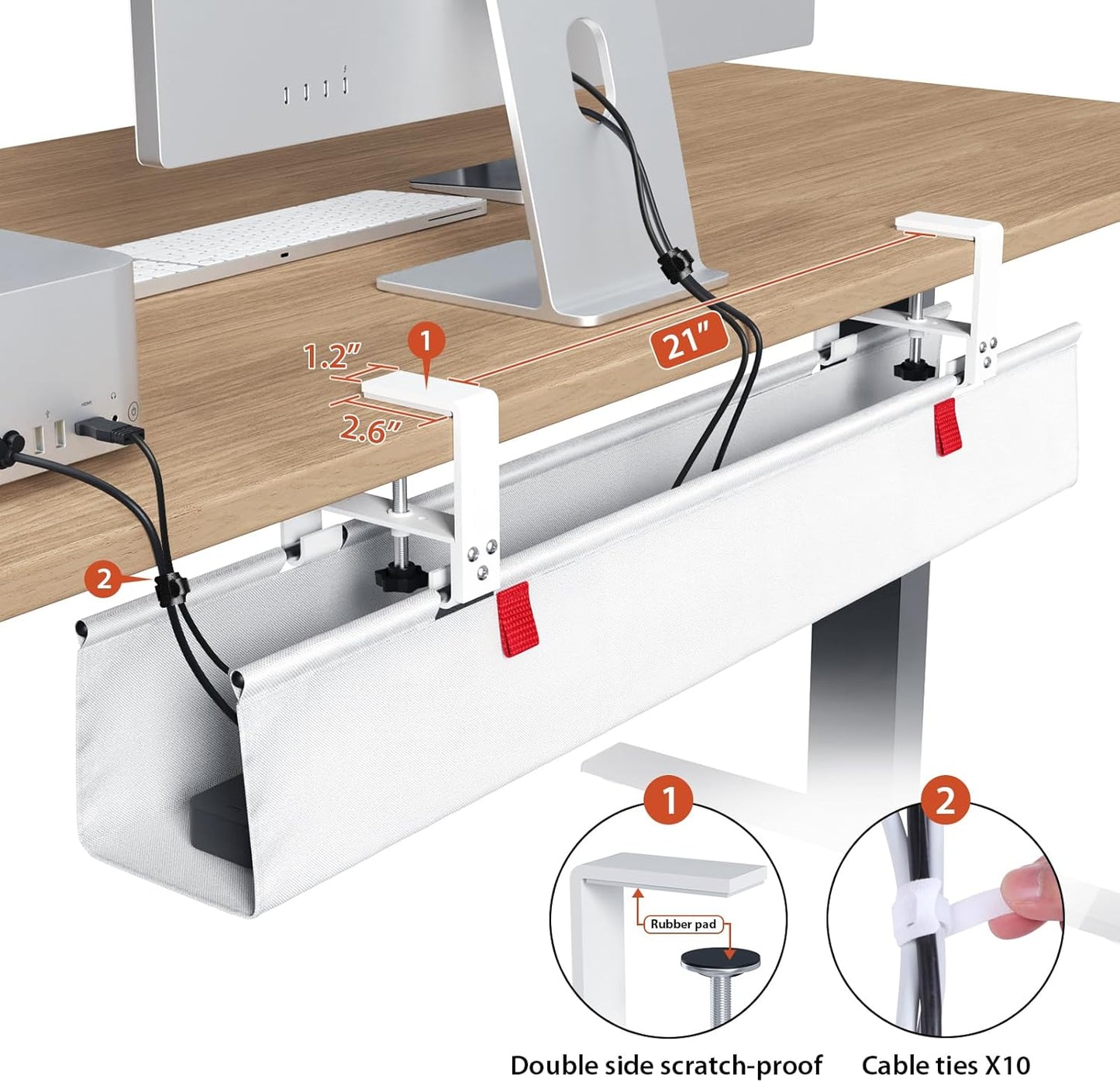 36" No Drill Under Desk Cable Management Tray - Premium Cord Organizer for Office & Home