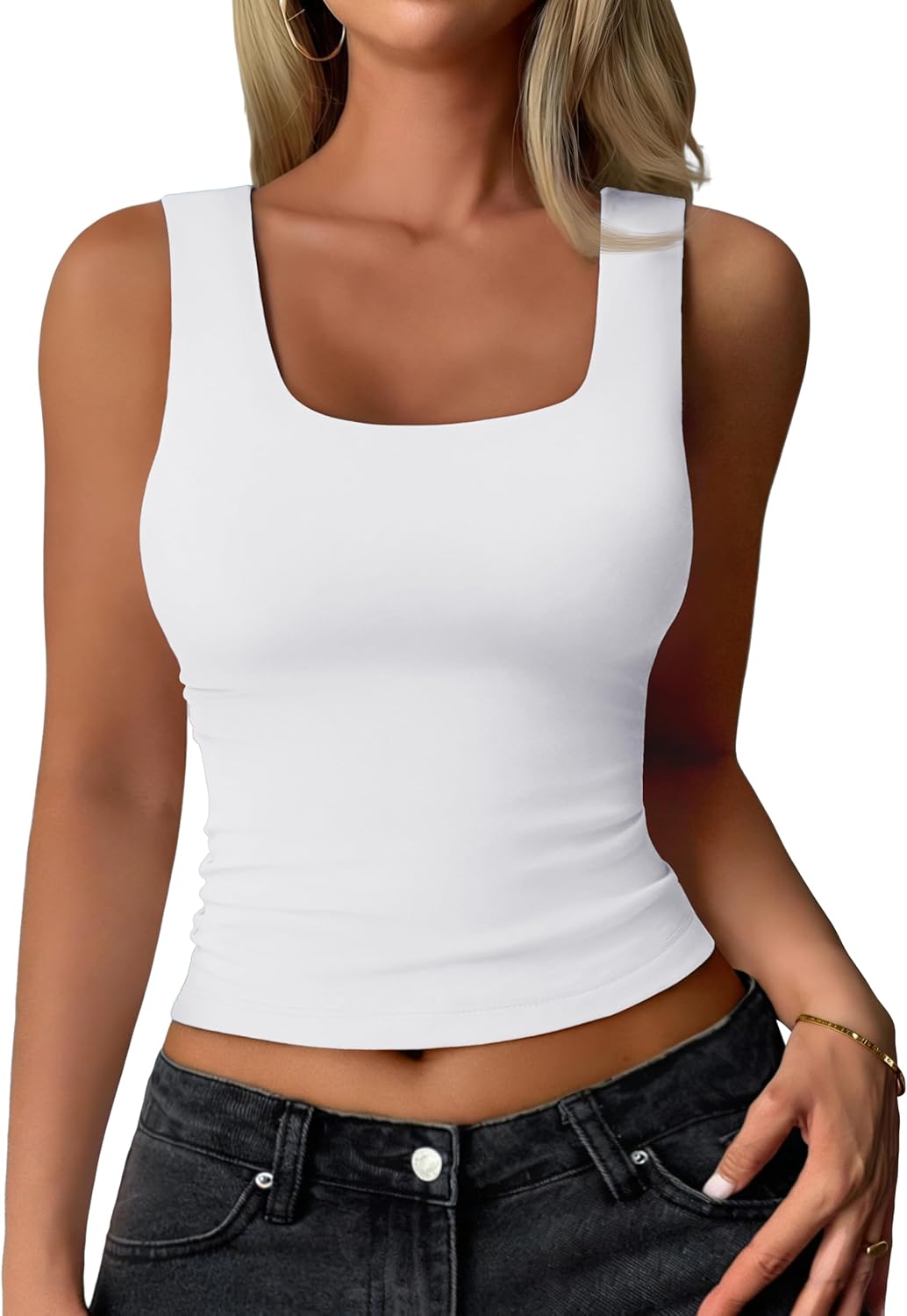 YUCOLEN Women's Fitted Scoop Neck Tank Top - Double Lined Casual Sleeveless Summer Wear