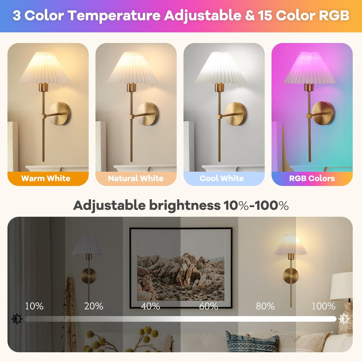 Wireless Wall Sconce Sets of 2, Pleated Shades Rechargeable Battery Operated Wall Sconce, Retro Industrial Gold Wall Lights Bathroom Vanity Sconces, Wall Mounted Lamps for Bedroom Living Room Kitchen