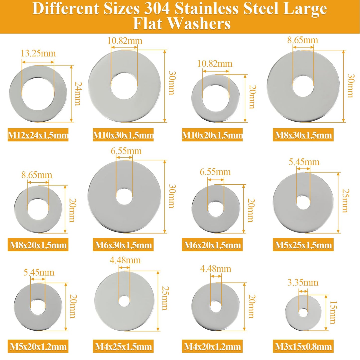 Sutemribor 102 Pieces Stainless Steel Fender Washers, Flat Washers, Metal Washers for Screws Bolts, Fender Washers Assortment Kit, Assorted Washers Set (M3 M4 M5 M6 M8 M10 M12)