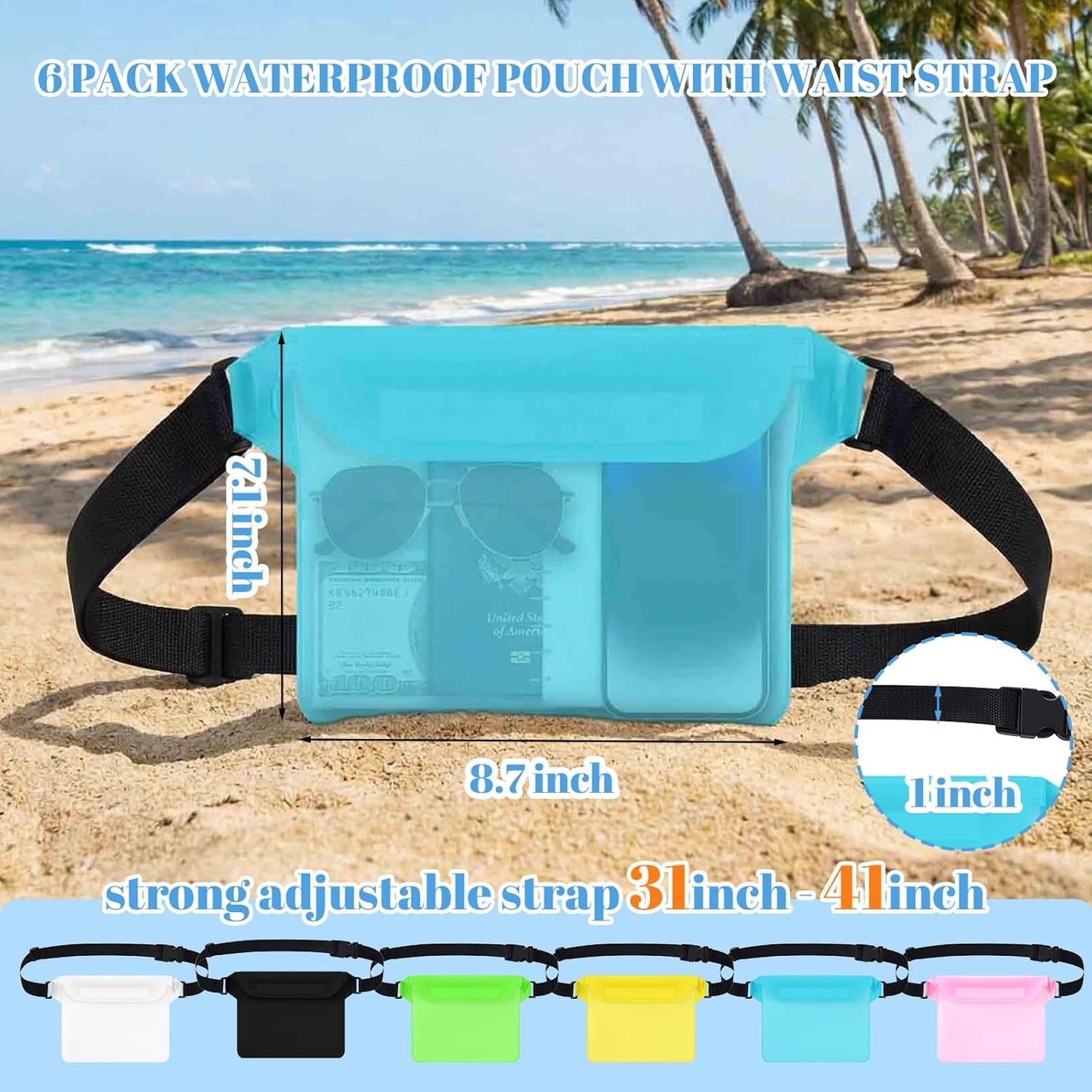 Tallew Waterproof Fanny Pack - 6 Pcs Lightweight Dry Bag with Waist Strap for Beach & Water Activities | Multicolor