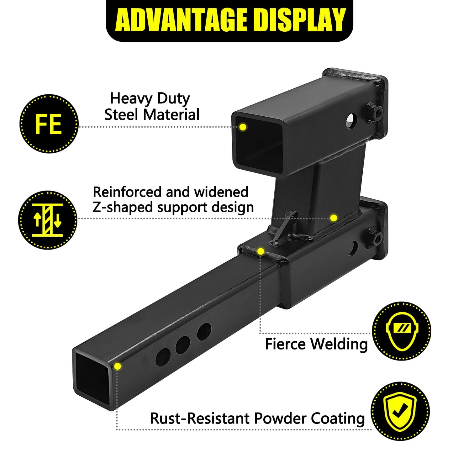 KAIRAY Double Hitch Receiver, 2 inch Trailer Dual Hitch Extension Riser, Hitch Adapter Fits for 2 inch Receiver Extender to 10 inch Max Length, 6 Inch Riser/Drop