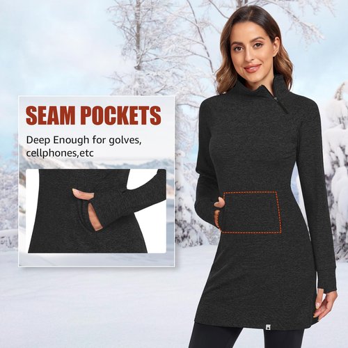 Soneven Women's Fleece Dress Mock Neck Running Thermal Tunic Sweatshirts Dresses with Thumb Holes Winter Skiing Athletic Quarter Zip Pullover