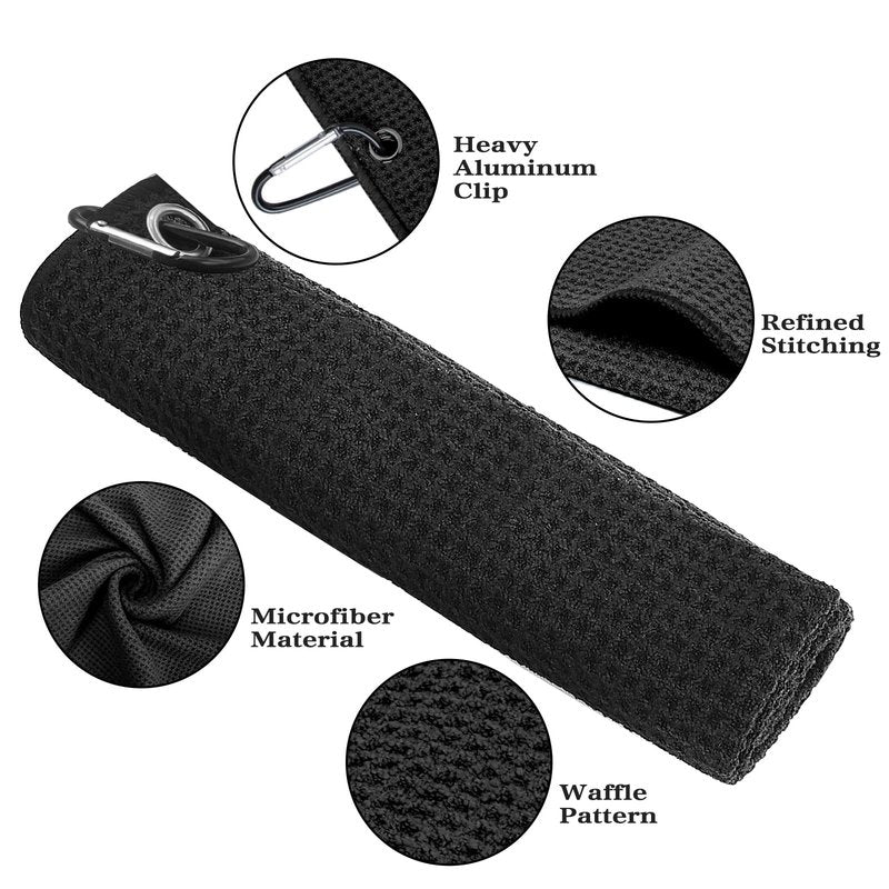 Seticek 2 Pack Golf Towel (16" X 16") with Club Brush, Microfiber Waffle Pattern Golf Towels for Golf Bags for Men,Essential Golf Combo Cleaning Kit (Black+Gray)