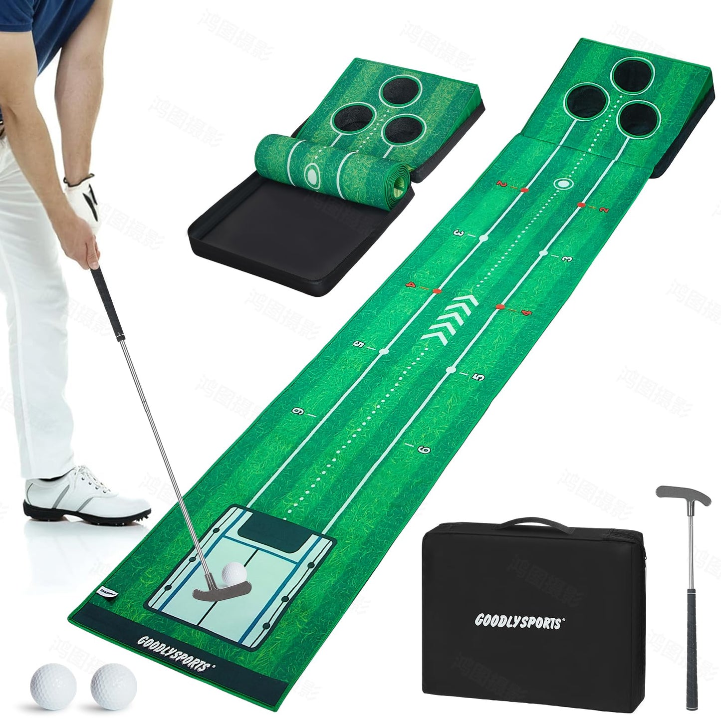 New Portable Golf Putting Mat, Mini Golf - Putting Green Indoor + Putting Green Outdoor - Putting Mat with 3 Balls + Retractable Push Rod (Youth) - Putting Matt for Indoors, Golf Gifts for Men Kids
