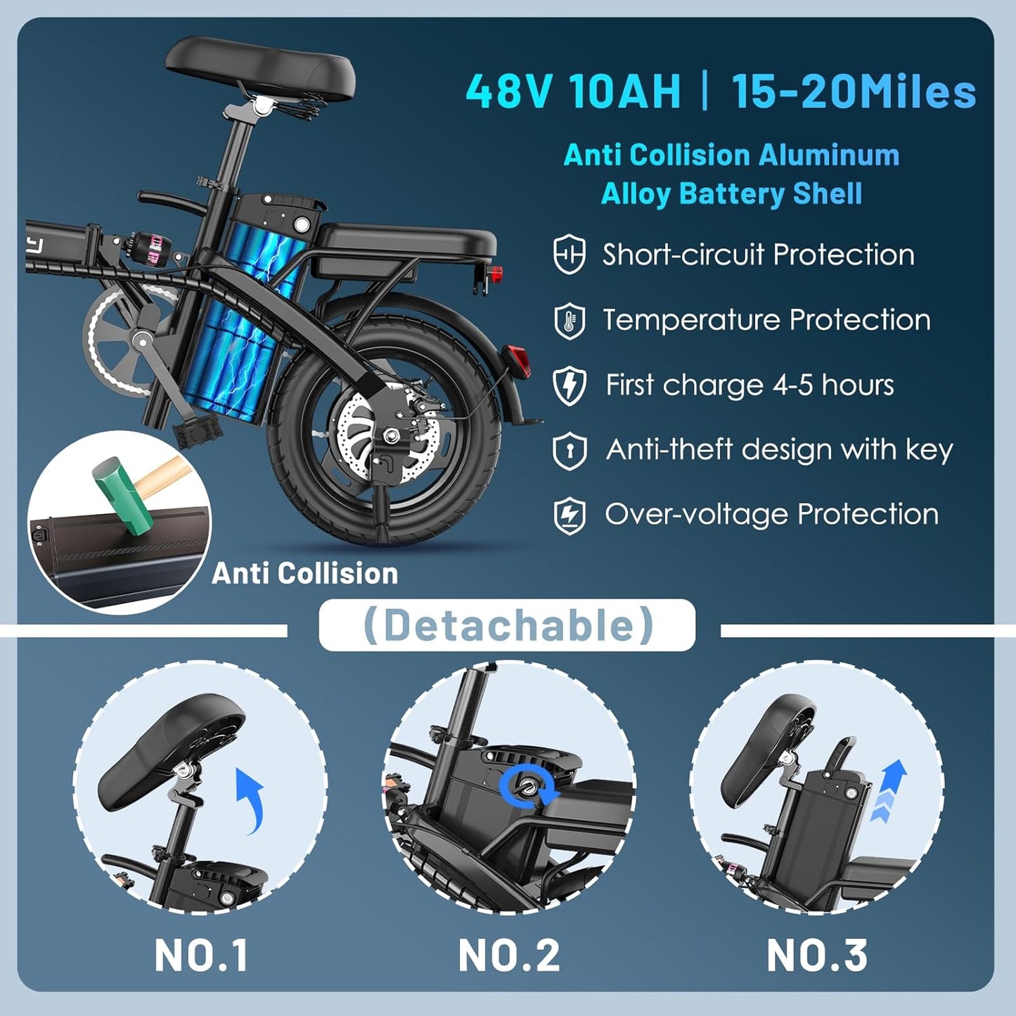 REOCRO Foldable Electric Bike - 700W Mini E-Bike with 48V Removable Battery | 30-60 Miles Range