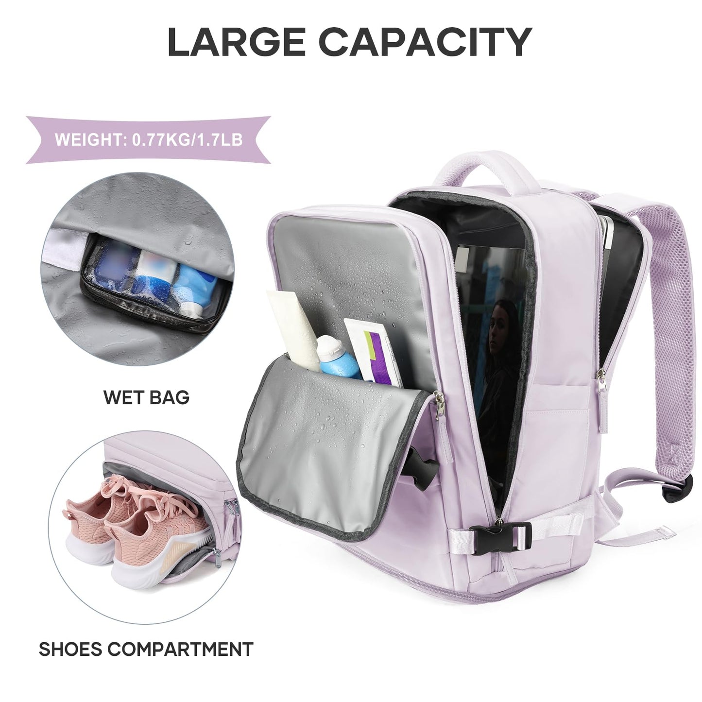 coowoz Large Travel Backpack For Women Men,Carry On Backpack,Hiking Backpack Waterproof Outdoor Sports Rucksack Casual Daypack Travel Essentials(Purple)