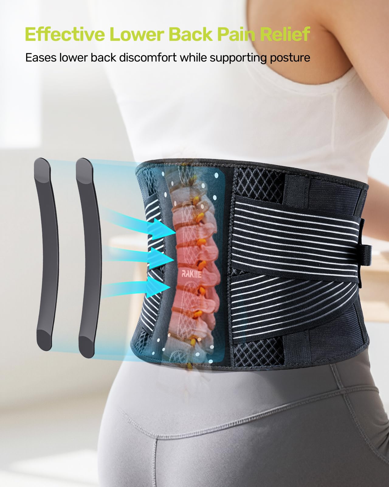 Rakiie Slim Back Brace for Lower Back Pain Relief, Lightweight & Breathable Back Support Brace for Men Women, Ergonomic Light Lumbar Support for Everyday Wear, Light Gray M