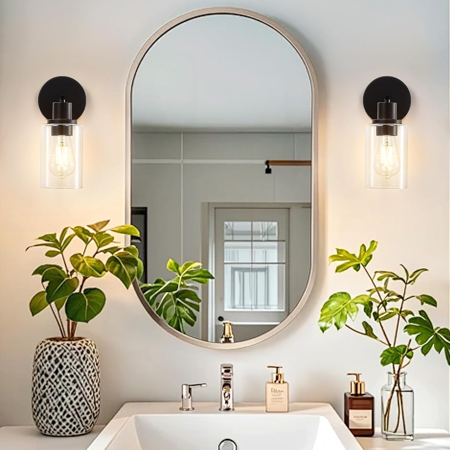Modern Black 3-Light Bathroom Vanity Light Fixture with Clear Glass Shades - 2 Pack