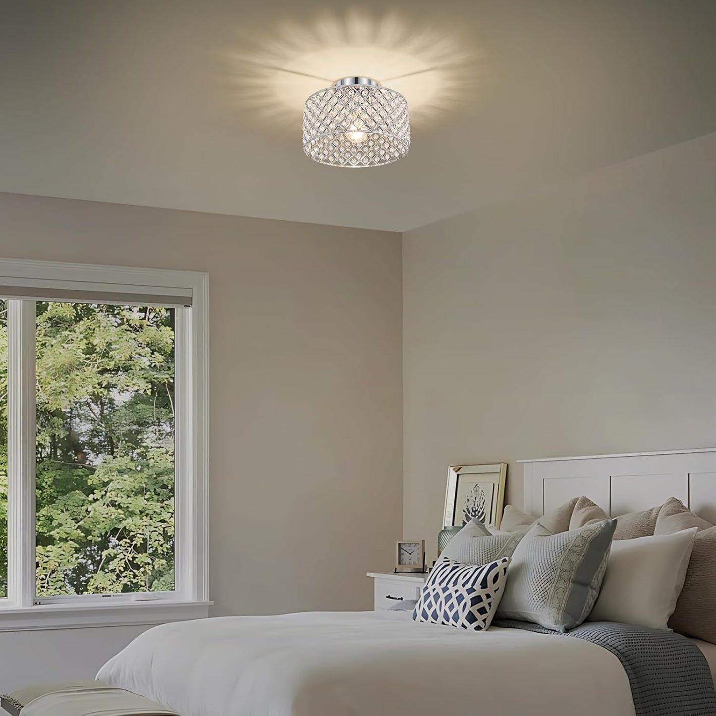 Modern Black Crystal Semi Flush Mount Ceiling Light Fixture - 11.2" Round Chandelier for Dining Room, Hallway, Kitchen & Bedroom