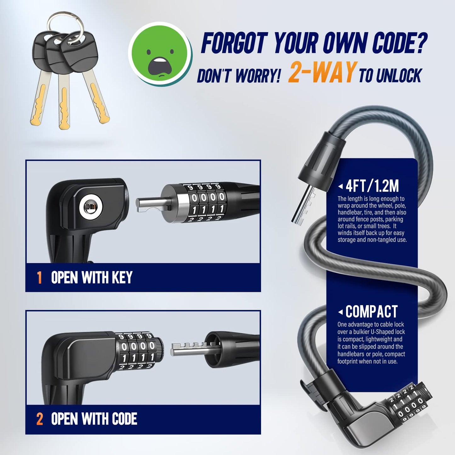 SEWAY Scooter Lock Cable for Xiaomi Mijia M365 ES Series, Bicycle Combination Locks Coiled Chain Lock Basic Self Coiling Core Steel Wire 4 ft. Long 1/3 inch Fit for M365/ES1/ES2/ES3/ES4