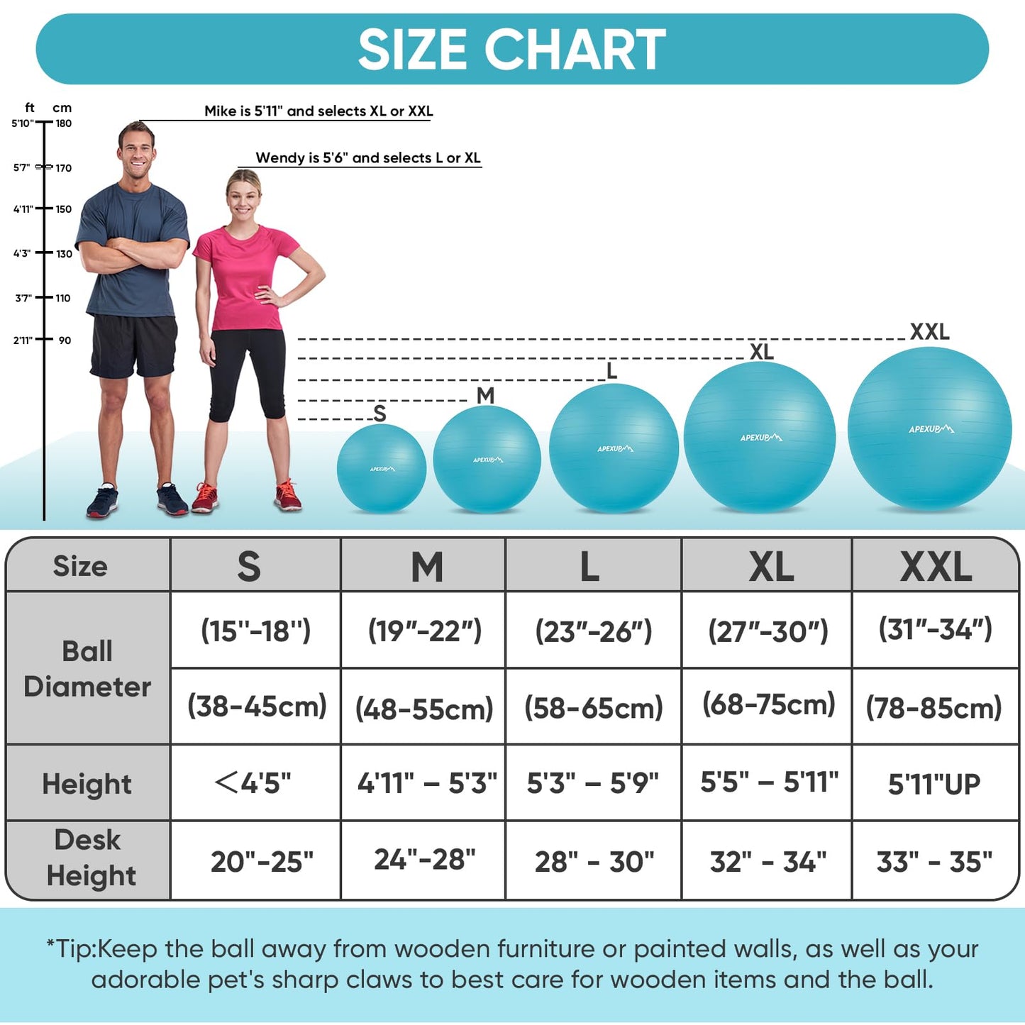 APEXUP Yoga Ball, 660 lbs Anti-Burst Exercise Ball with Pump, 5 Sizes (XXL(31"~34") 85cm, Light Blue)